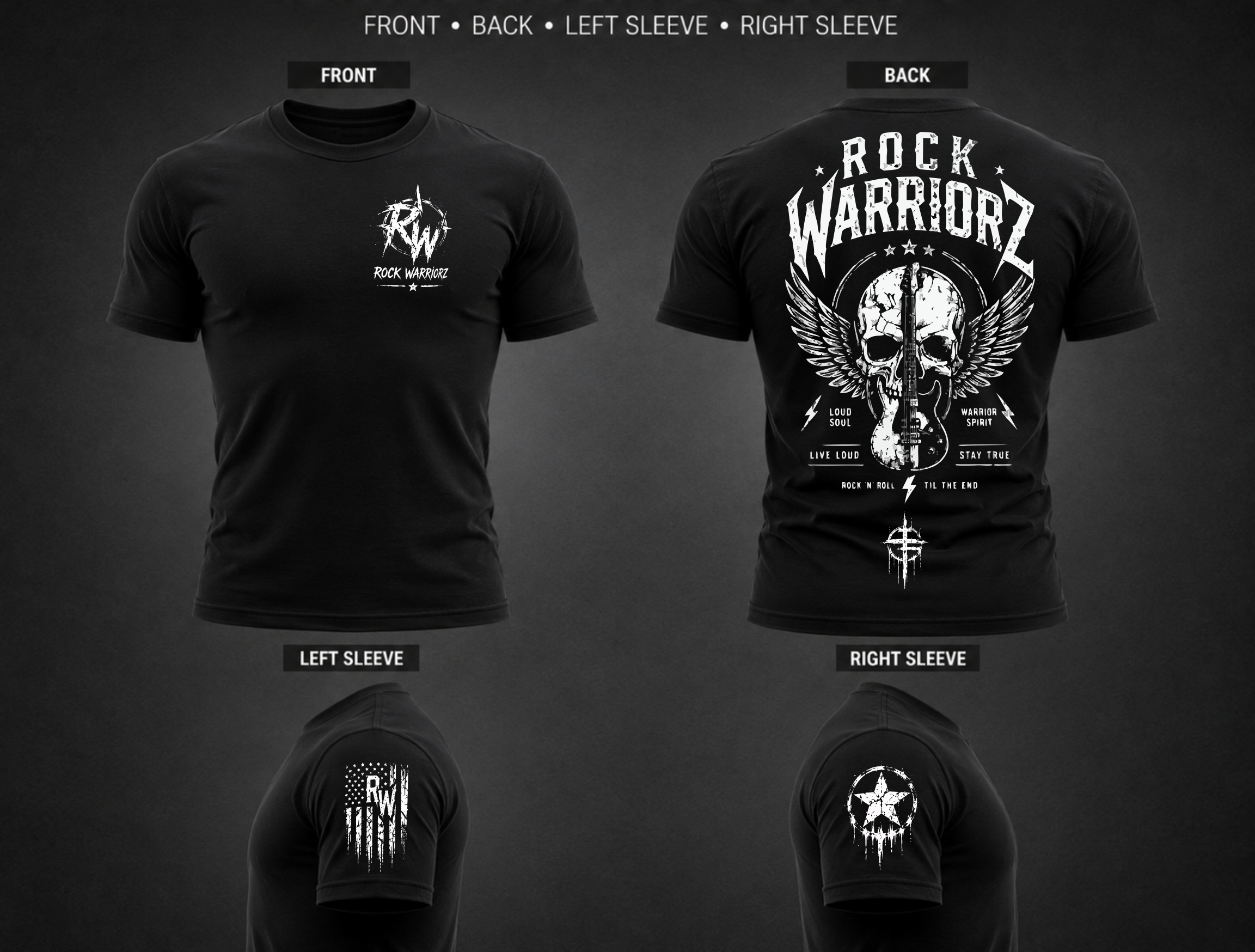 Rock Warriorz RW Left Chest Skull Guitar Back Left and Right Sleeve