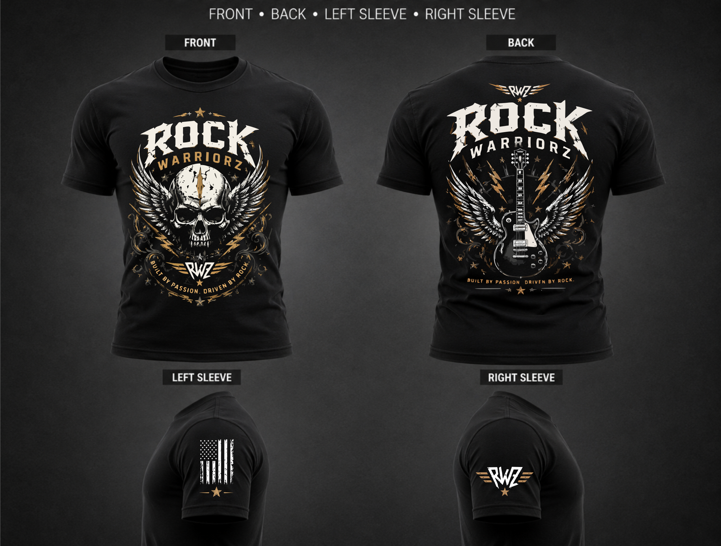 Rock Warriorz Black T-Shirt Front Back Left and Right Sleeve Logo
