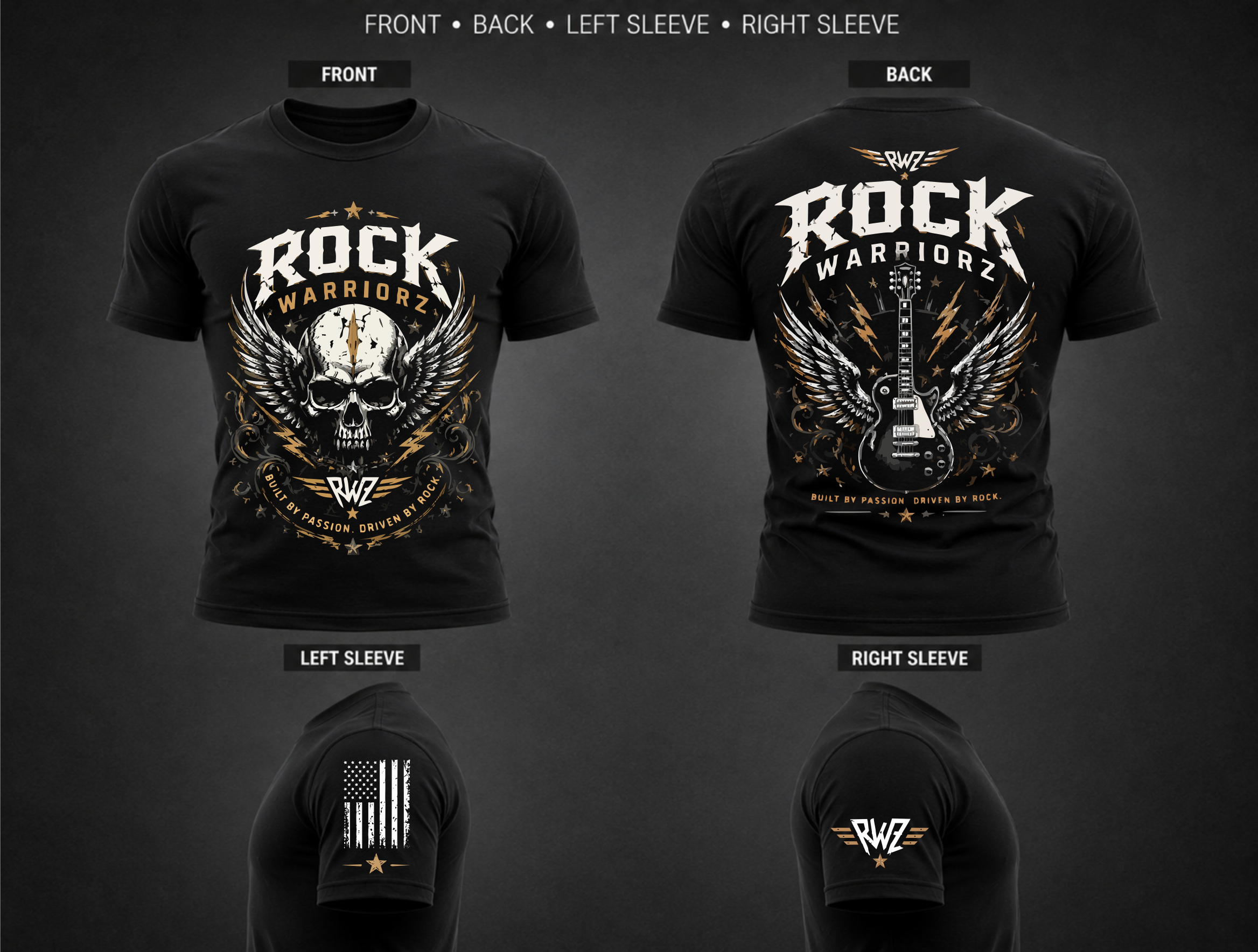 Rock Warriorz Black T-Shirt Front Back Left and Right Sleeve Logo