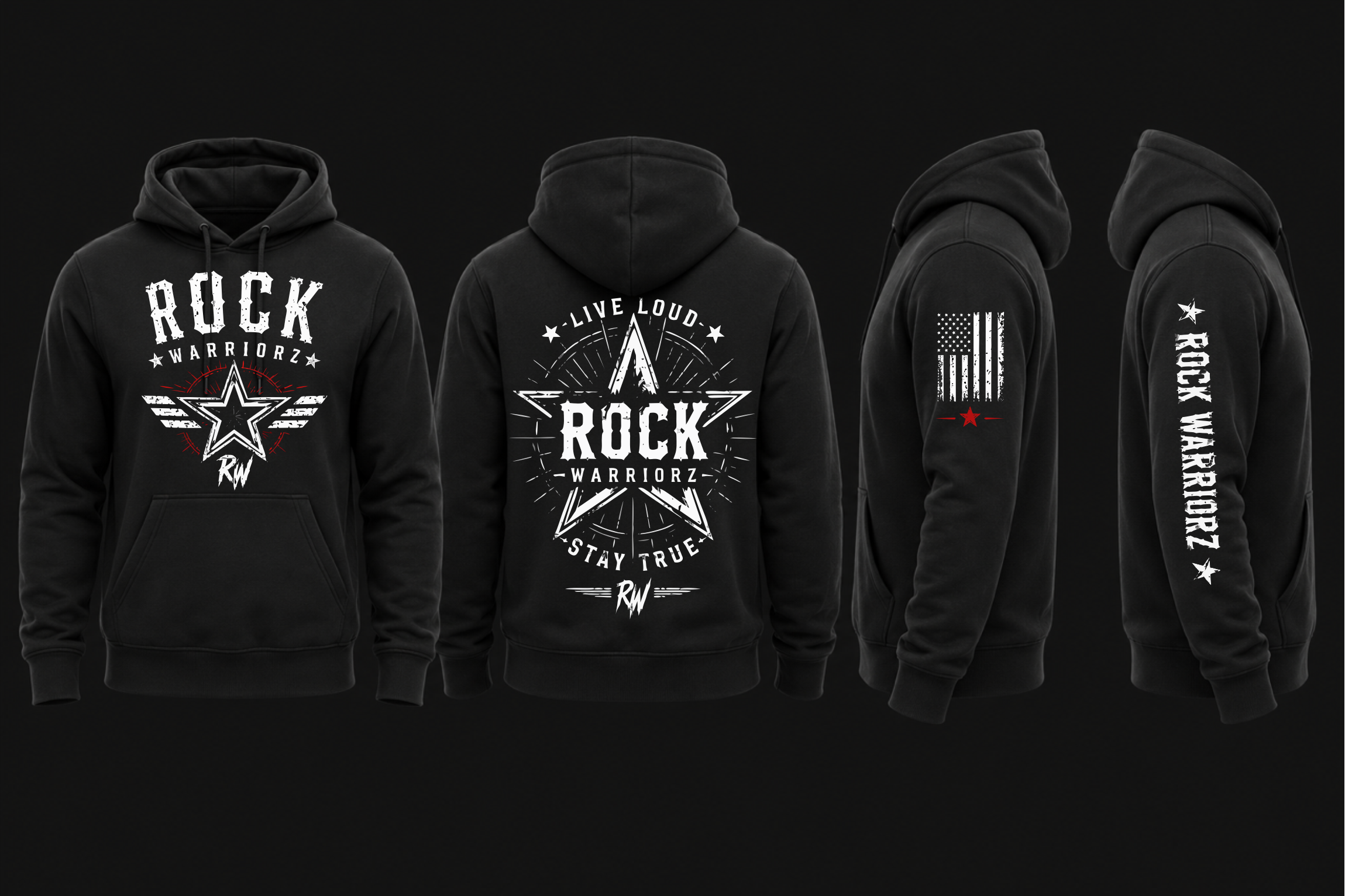 Rock Warriorz Hoodie Front Back Left and Right Logo