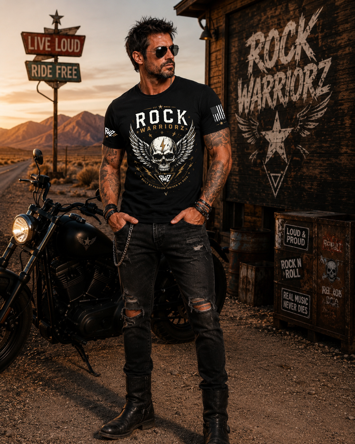 Rock Warriorz Skull with Wings Black T-Shirt