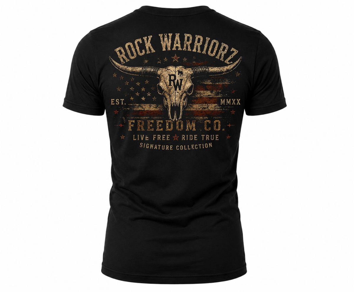 Rock Warriorz Freedom Company Bull Skull Signature Collection Black T-Shirt
