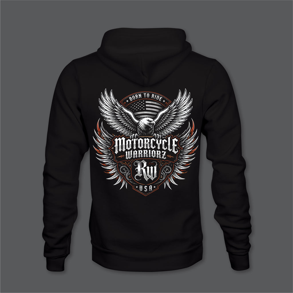 Motorcycle Warriorz Hoodie Front Back and Left Sleeve Logo