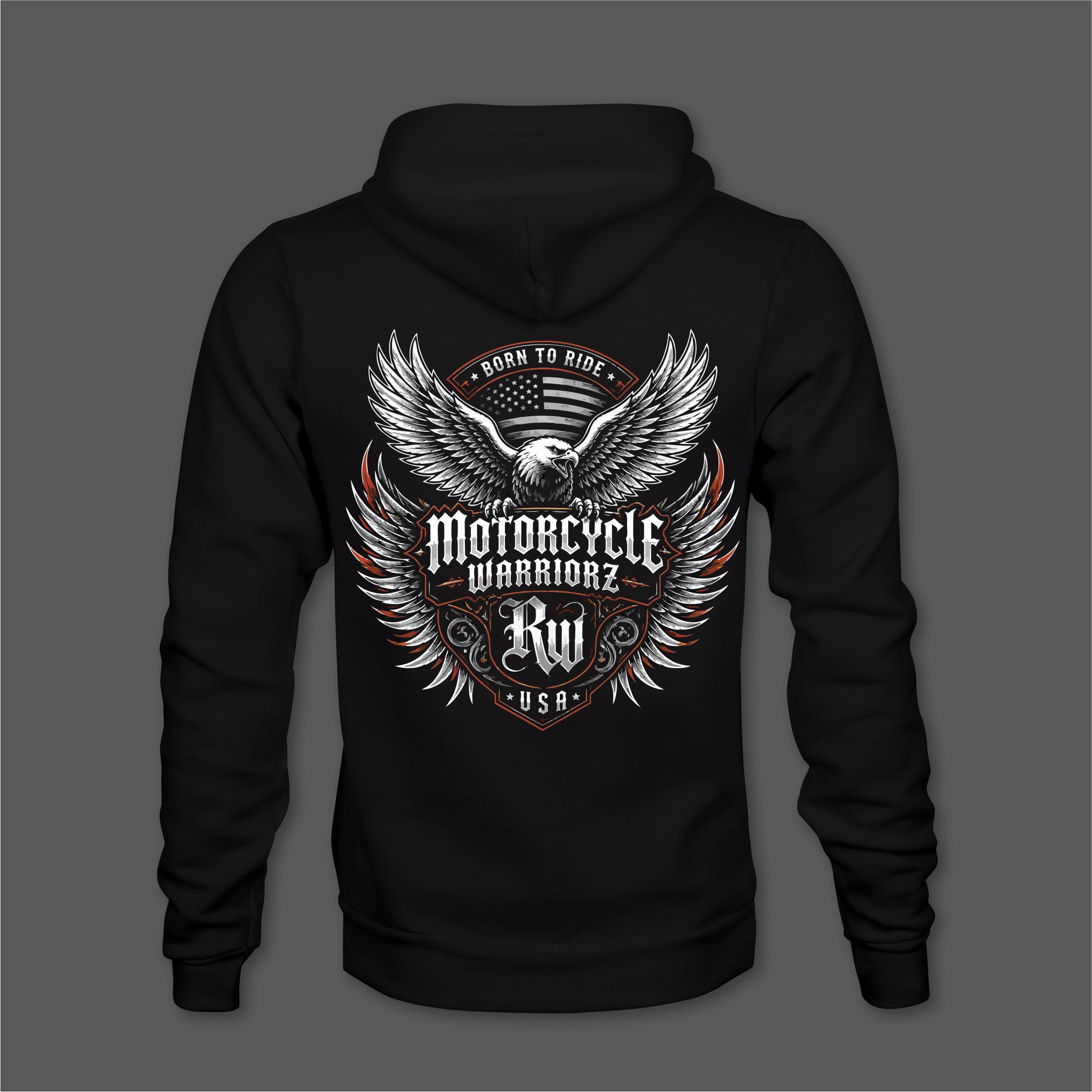 Motorcycle Warriorz Hoodie Front Back and Left Sleeve Logo