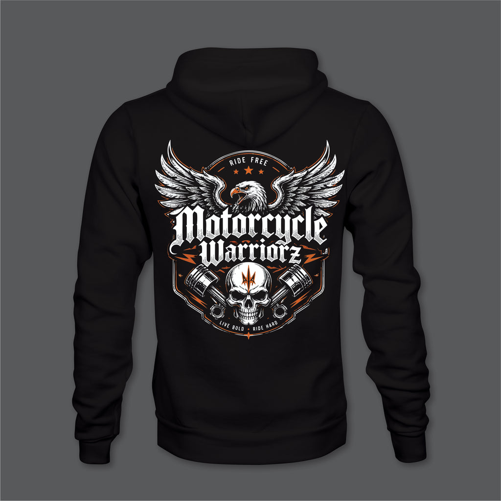 Motorcycle Warriorz Hoodie Front Back and Left Sleeve Logo