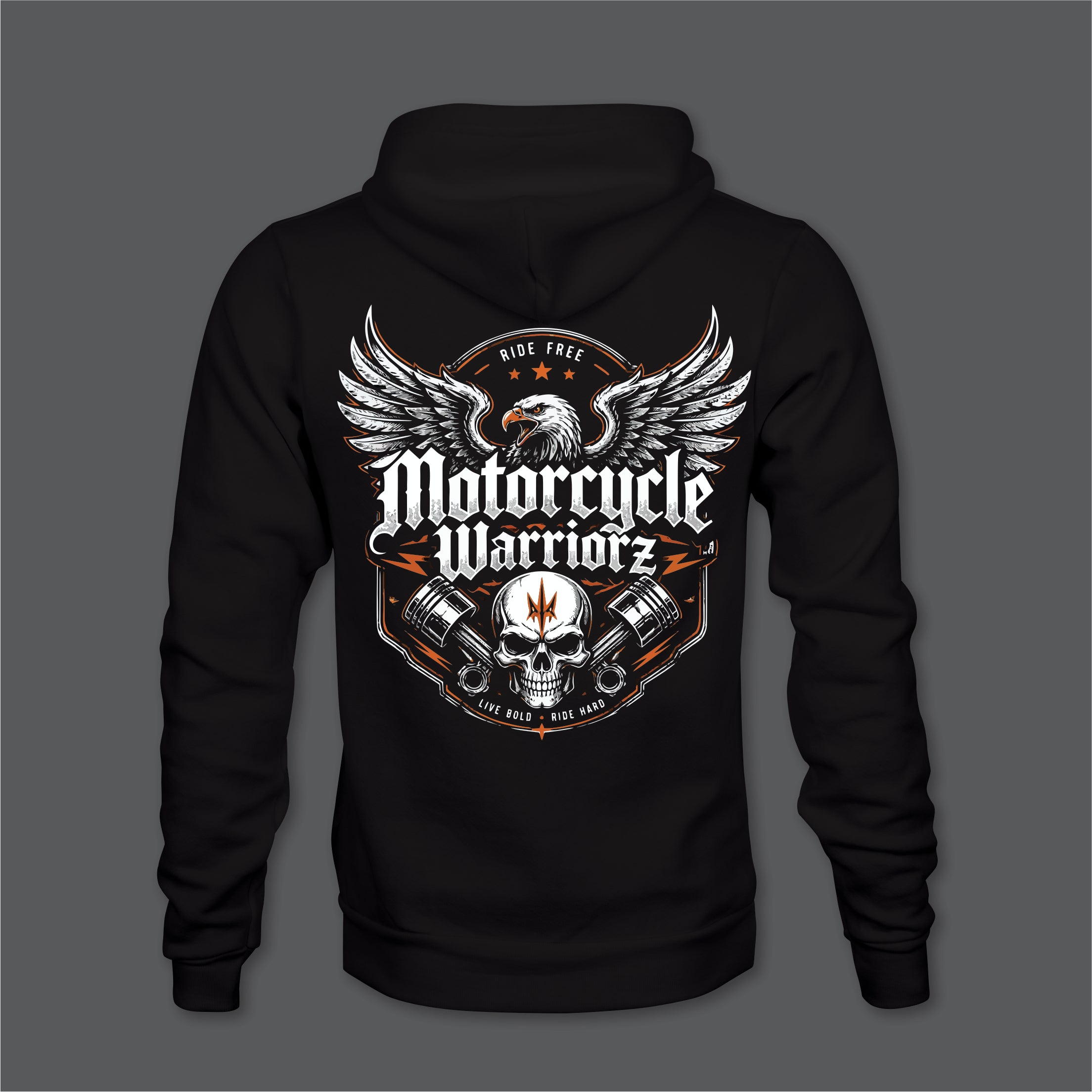 Motorcycle Warriorz Hoodie Front Back and Left Sleeve Logo