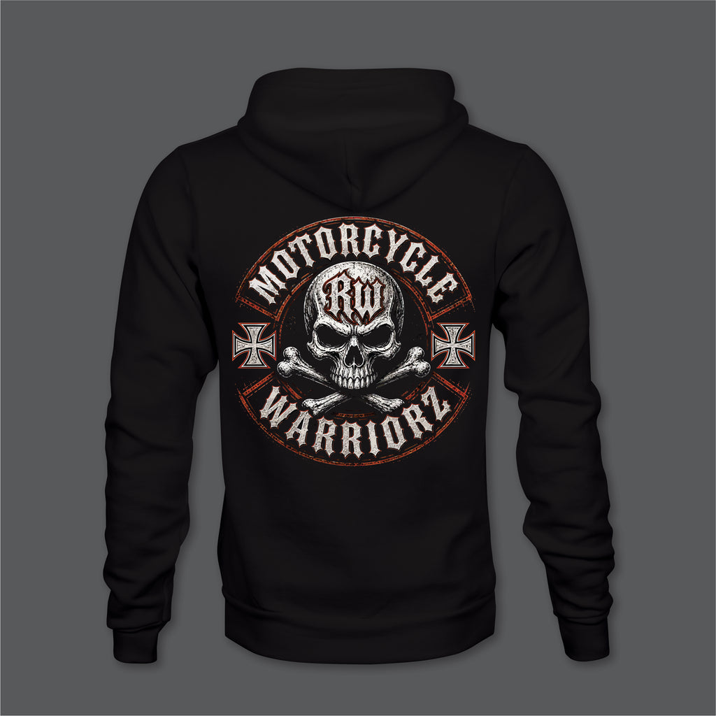 Motorcycle Warriorz RW Hoodie Front Back and Left Sleeve Logo