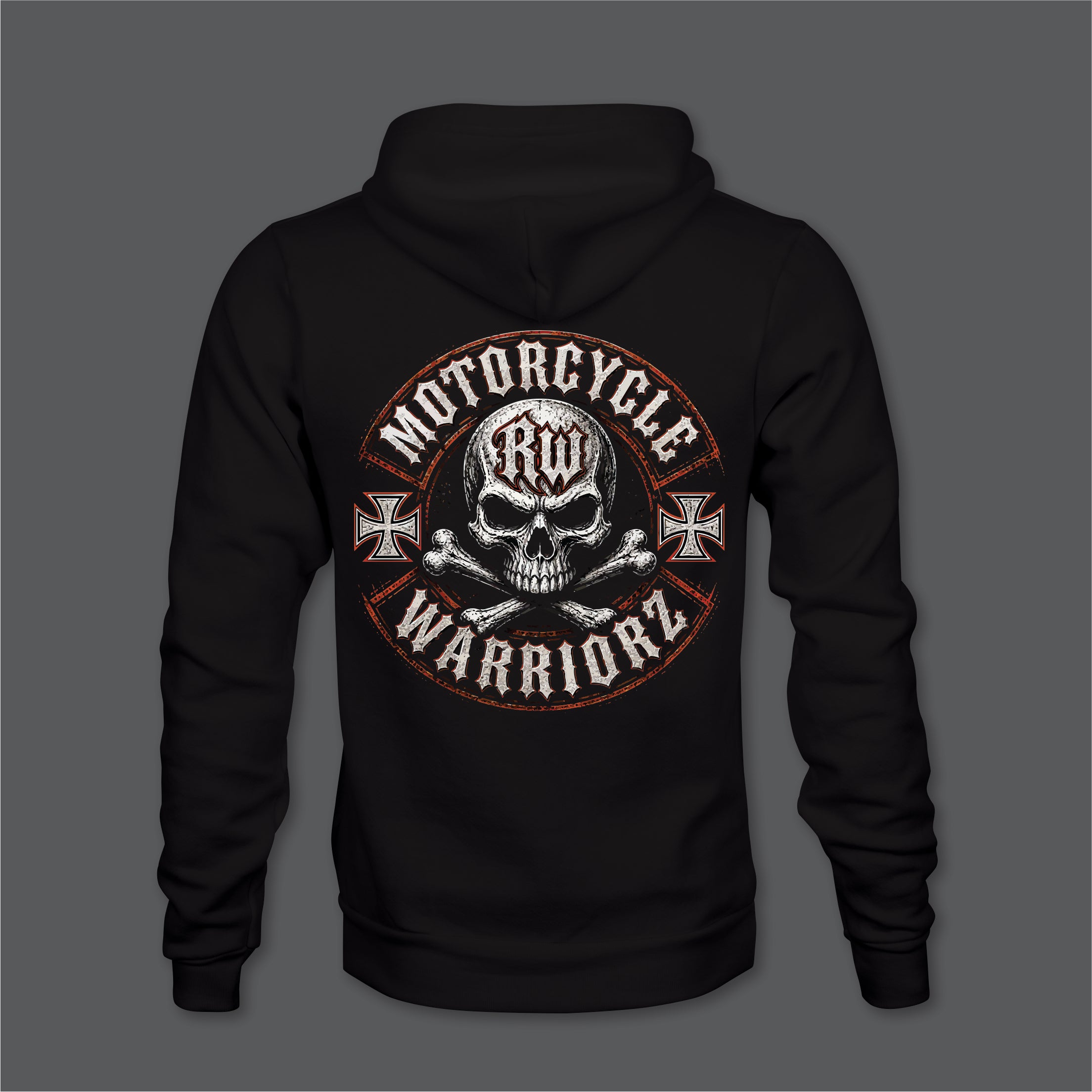 Motorcycle Warriorz RW Hoodie Front Back and Left Sleeve Logo