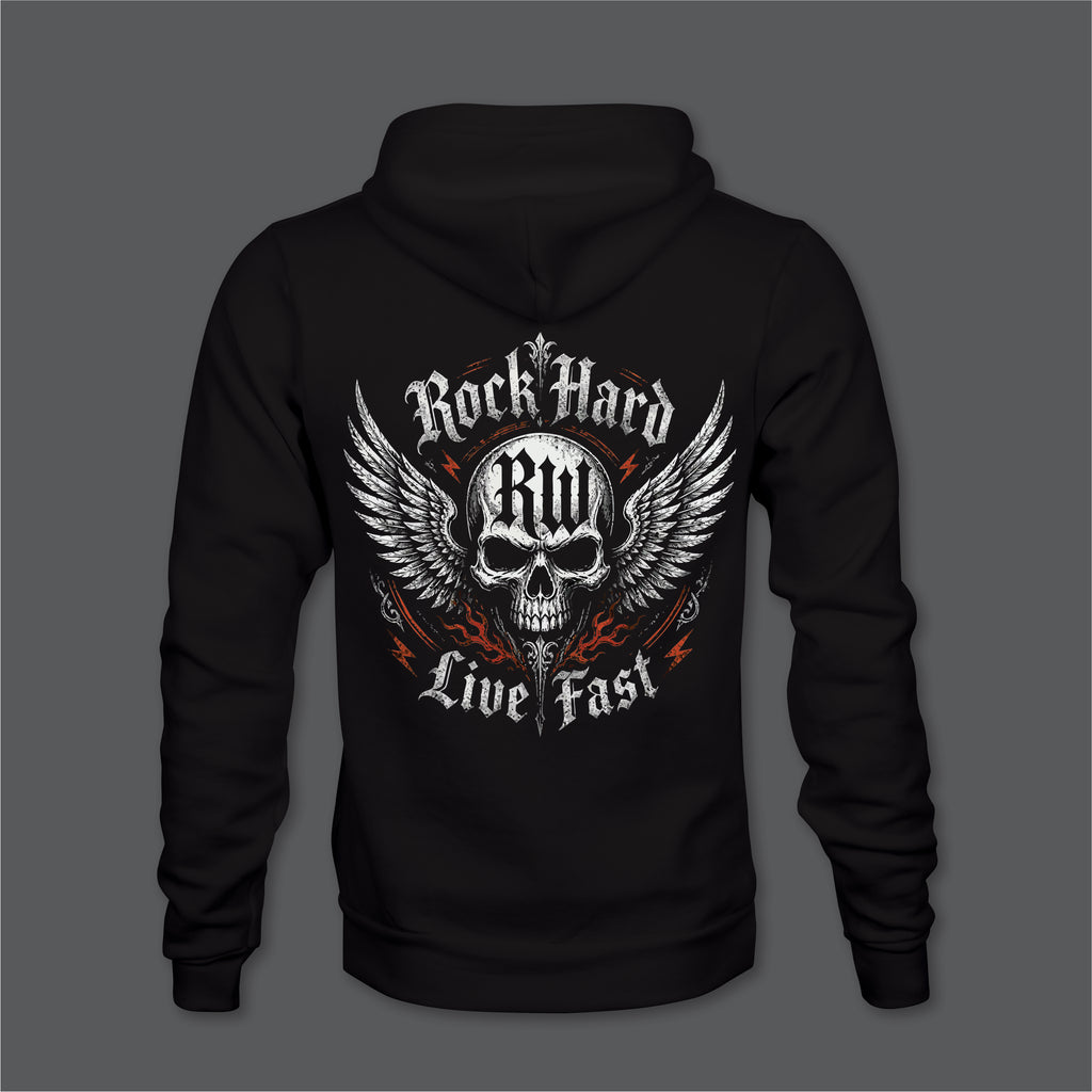 Rock Hard Live Fast RW Hoodie Front Back Left Sleeve