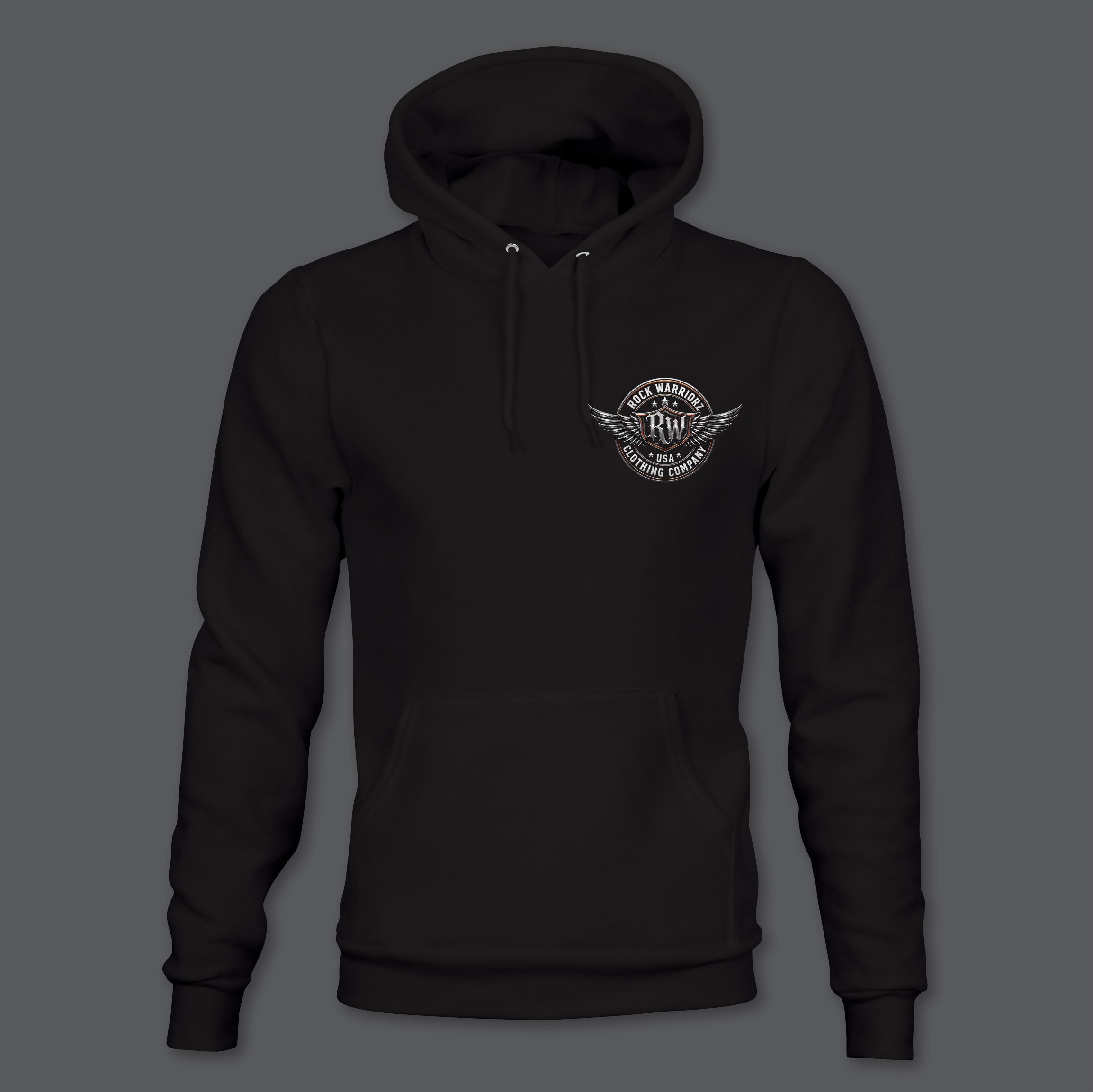 Rock Warriorz Rock Hard Hoodie Front Back Left Sleeve Logo