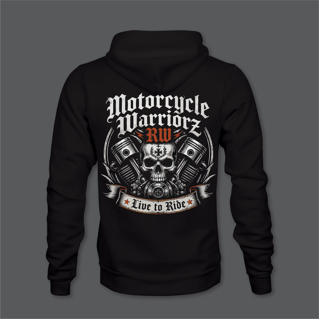 Motorcycle Warriorz Live to Ride Hoodie Front Back and Left Sleeve Logo