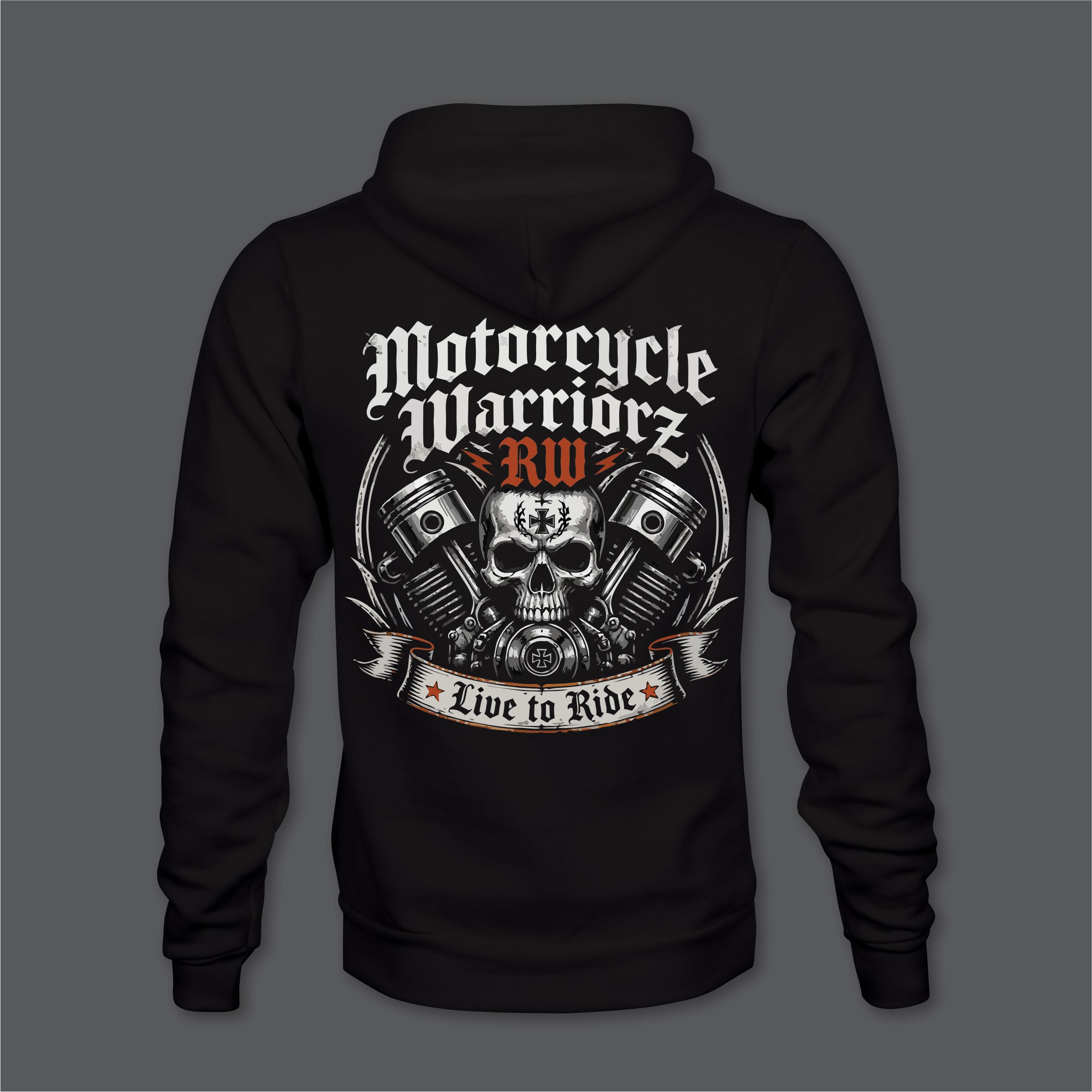 Motorcycle Warriorz Live to Ride Hoodie Front Back and Left Sleeve Logo