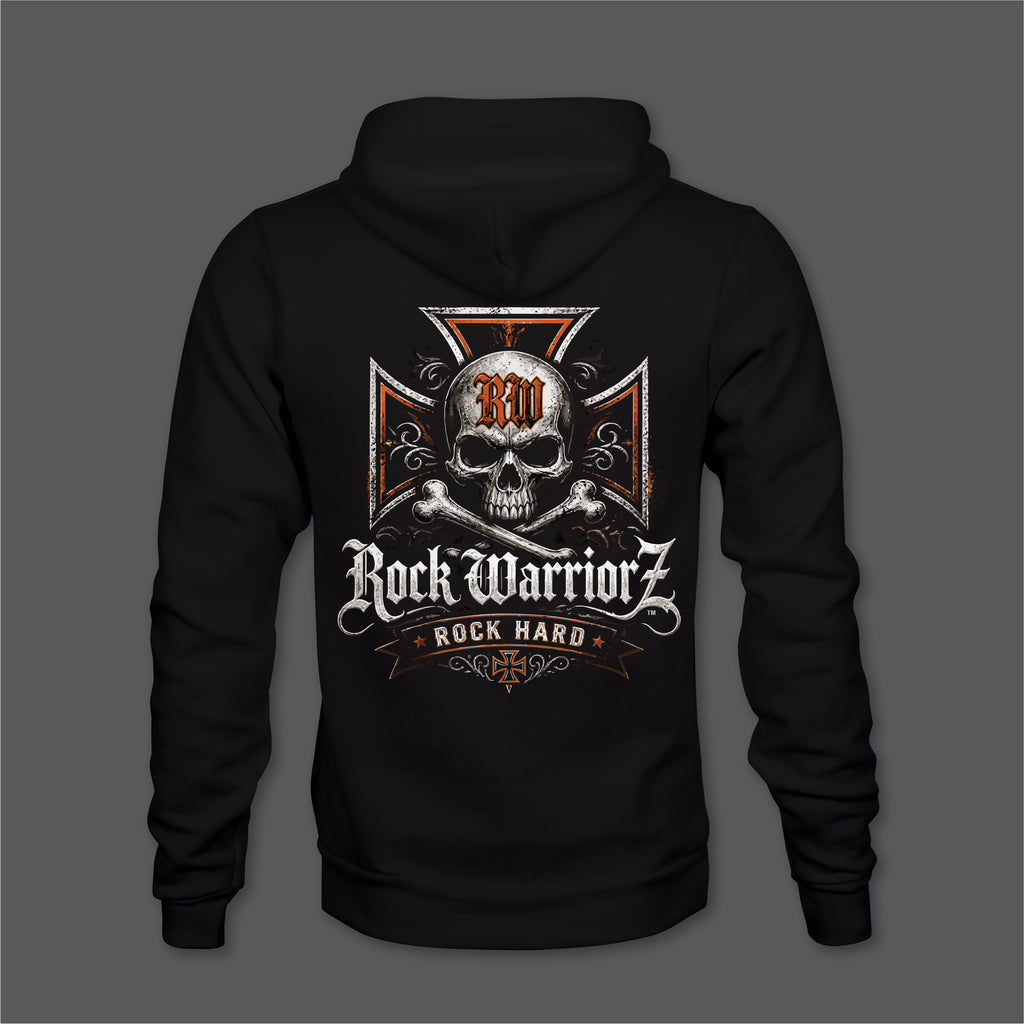 Rock Warriorz Rock Hard Hoodie Front Back Left Sleeve Logo