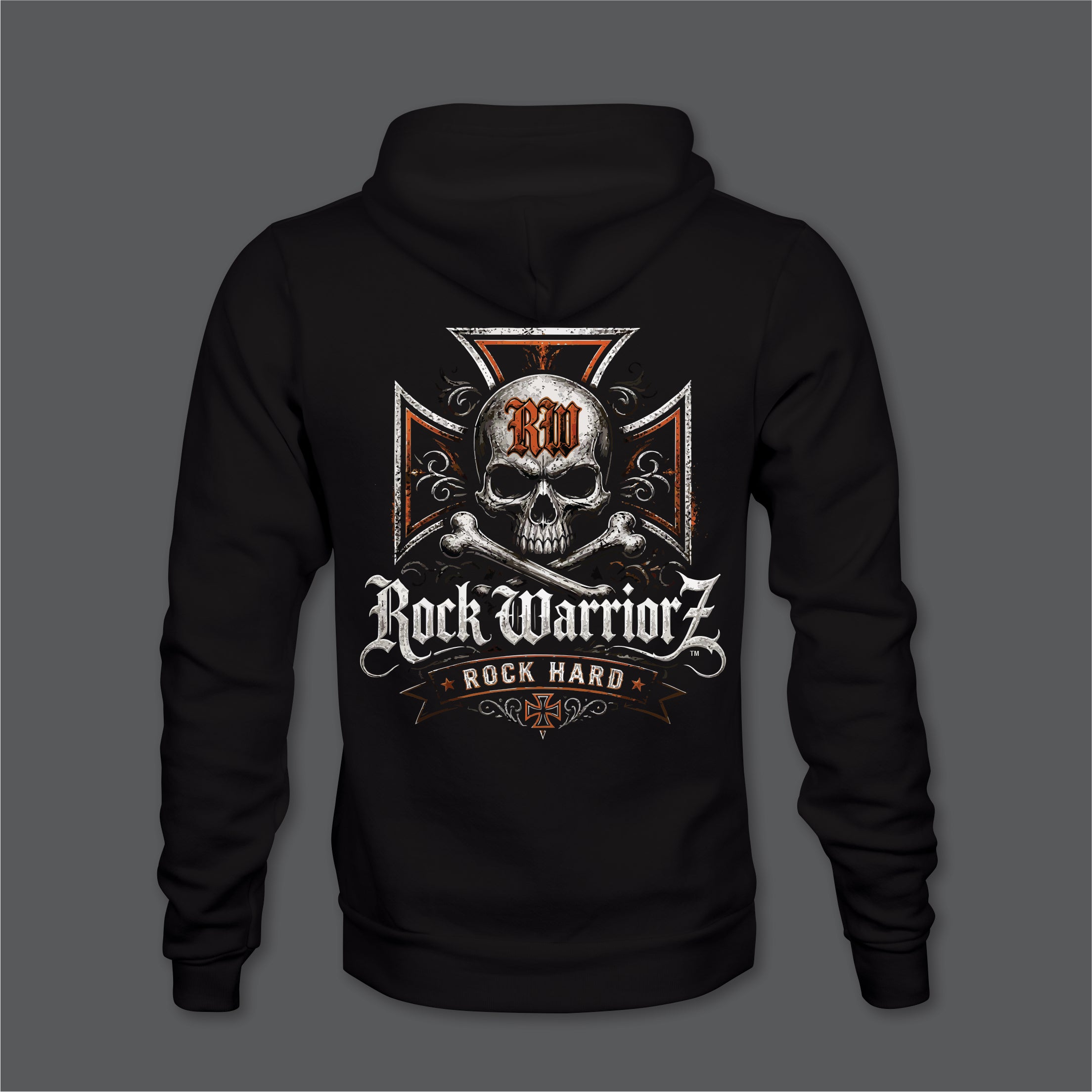 Rock Warriorz Rock Hard Hoodie Front Back Left Sleeve Logo