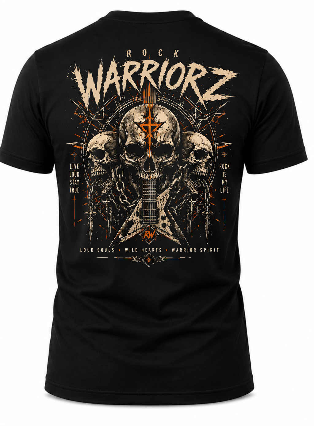 Rock Warriorz Skull Guitar Front Back and Sleeve Logo