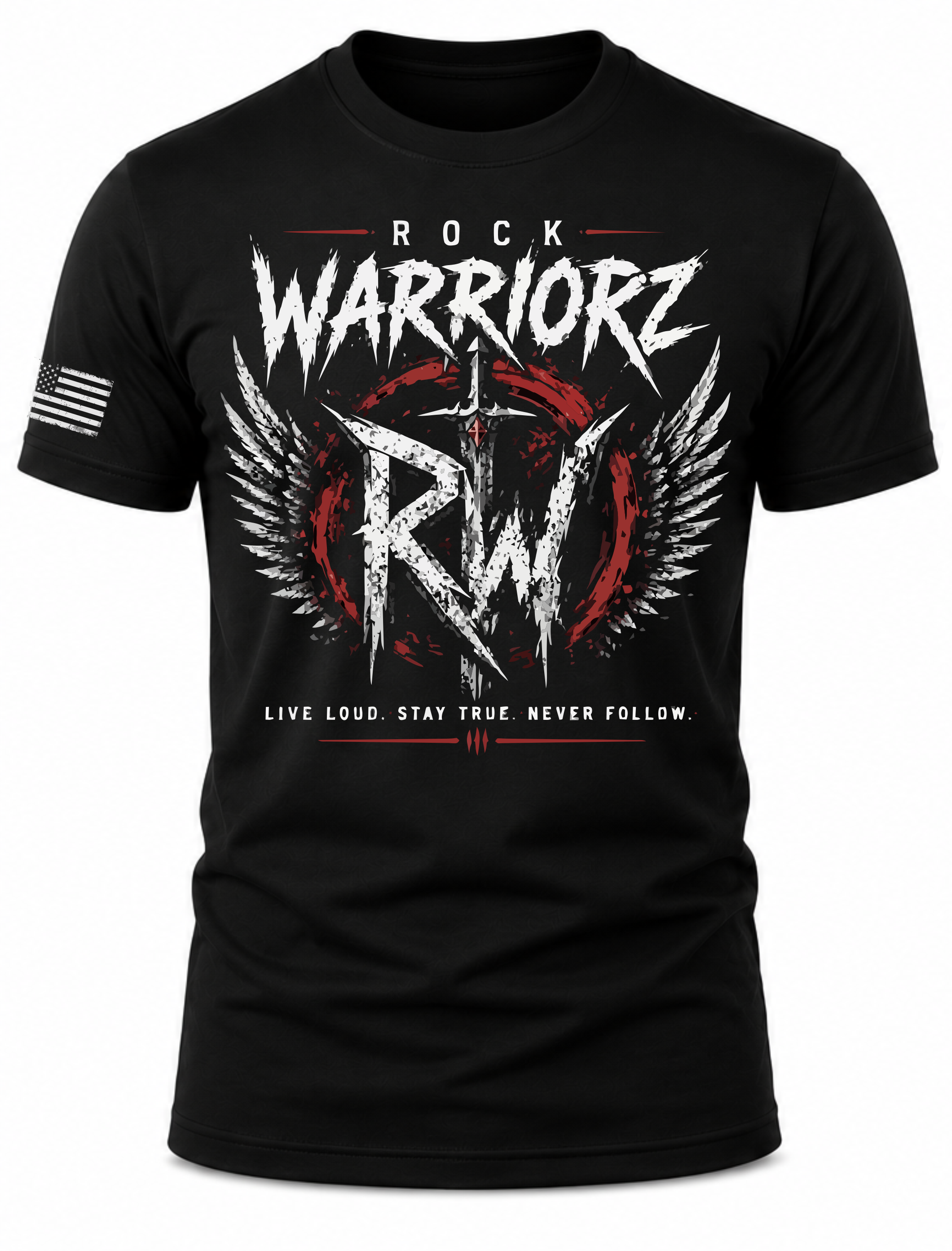 Rock Warriorz RW Live Loud Front and Right Sleeve Logo