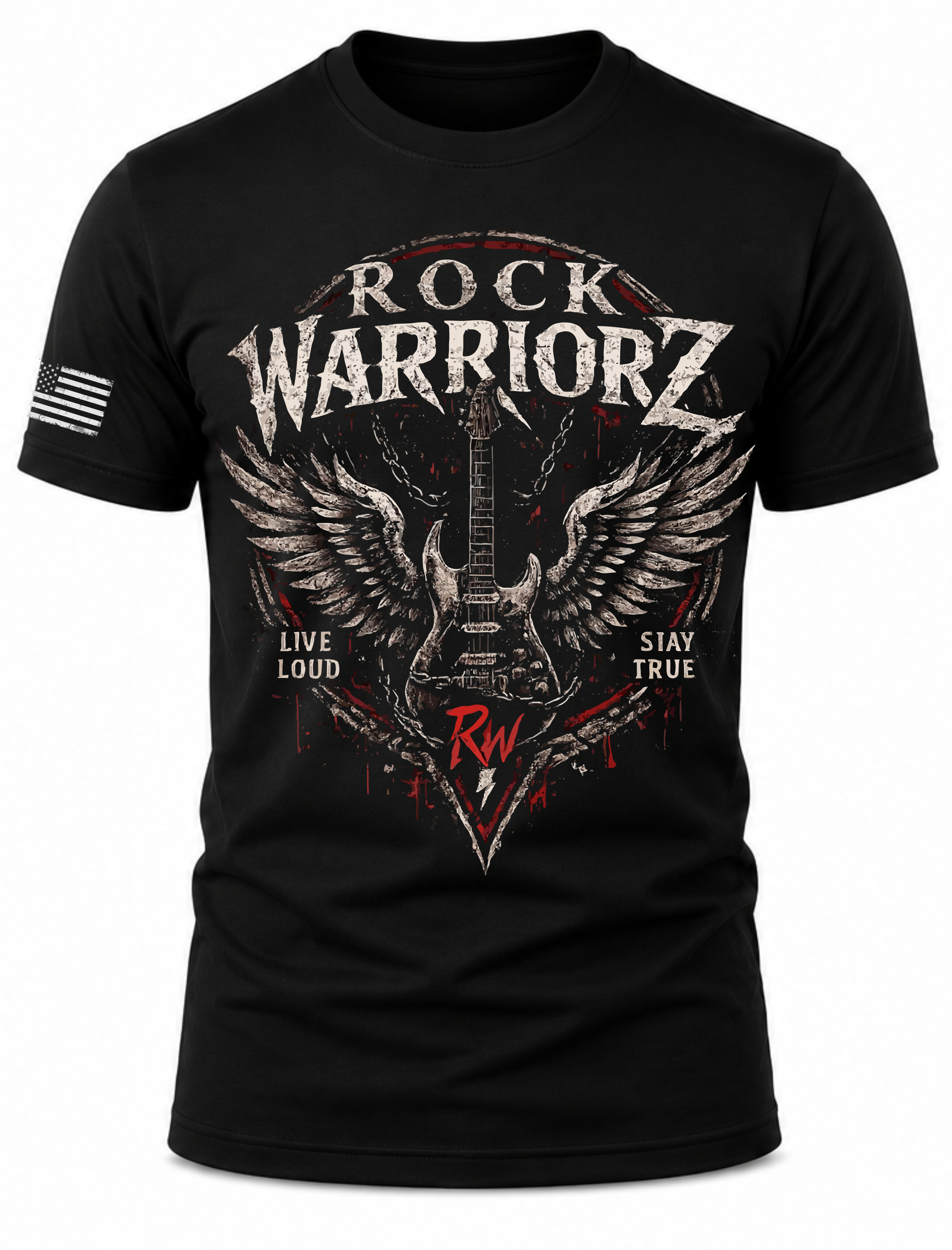Rock Warriorz Guitar Wings RW Front and Sleeve logo T-Shirt