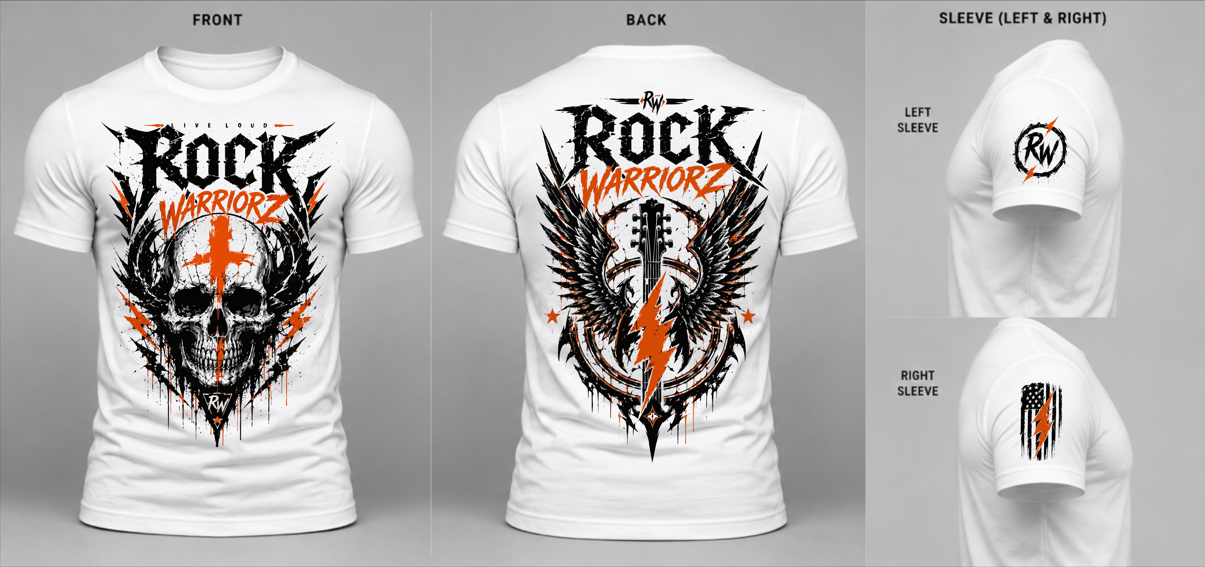 Rock Warriorz Full Front Back Left Sleeve and Right Sleeve logo