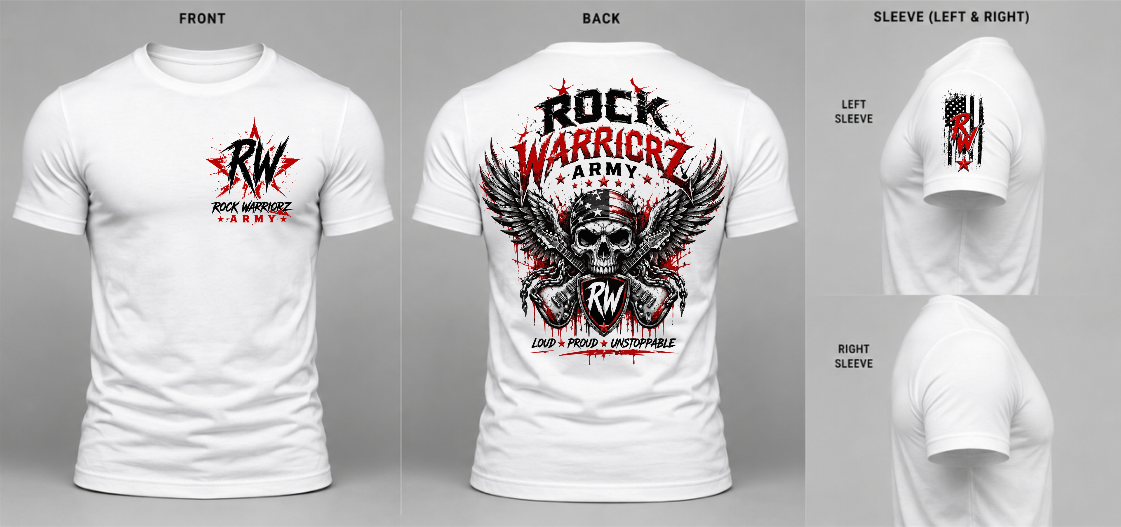 Rock Warriorz Army Front Back Left and Right Sleeve Logo