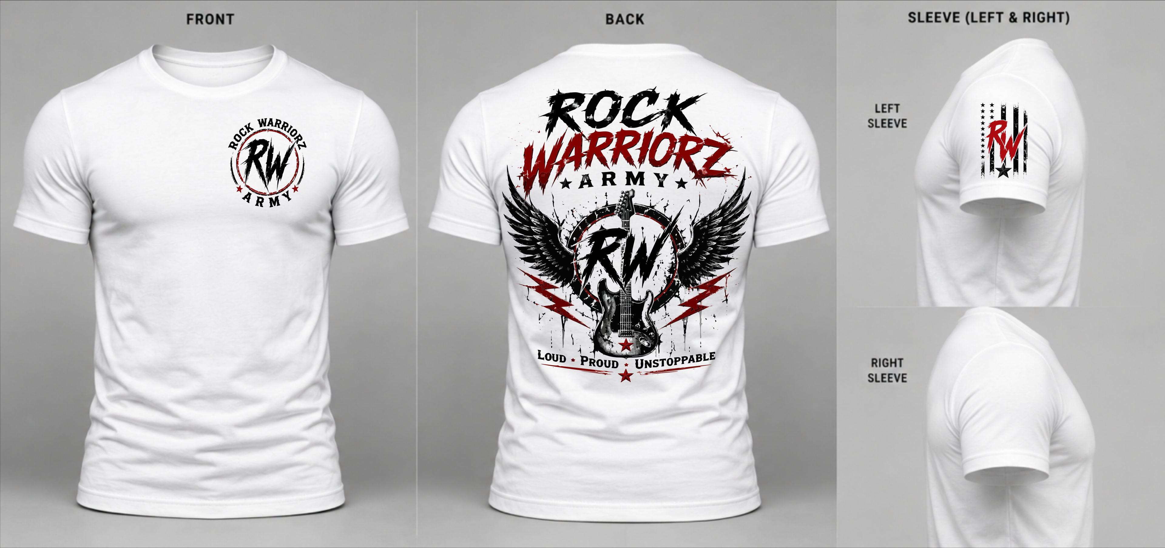 Rock Warriorz Army Left Chest Back Sleeve White T-Shirt