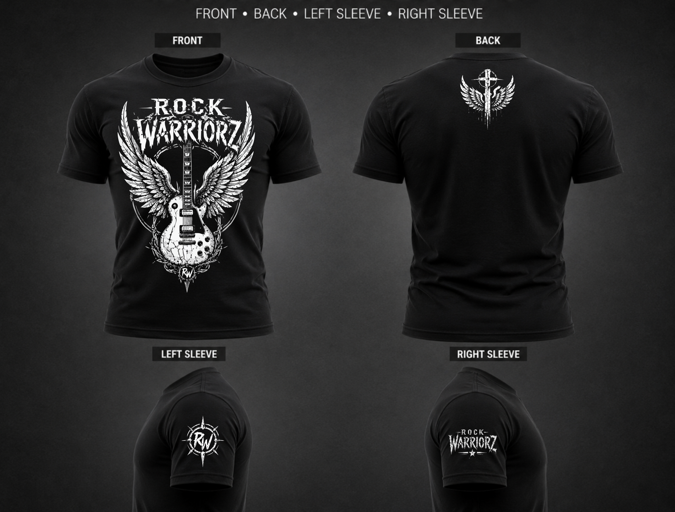 Rock Warriorz Guitar with Wings Front Back Yoke Left and Right Sleve T-Shirt