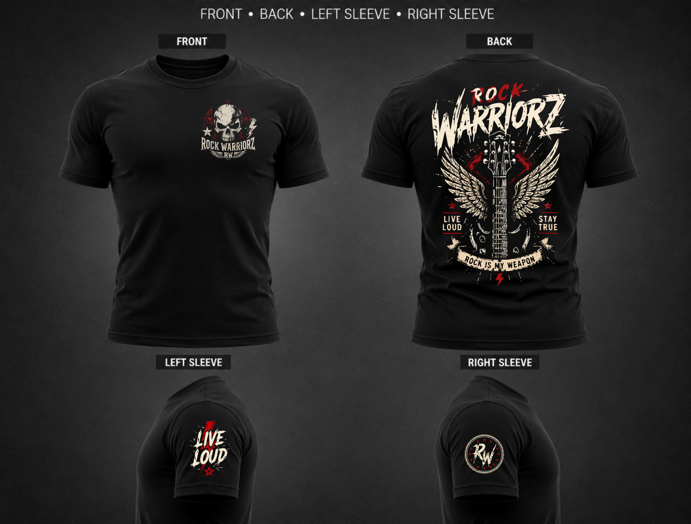 Rock Warriorz Left Chest Back Left and Right Sleeve T-Shirt