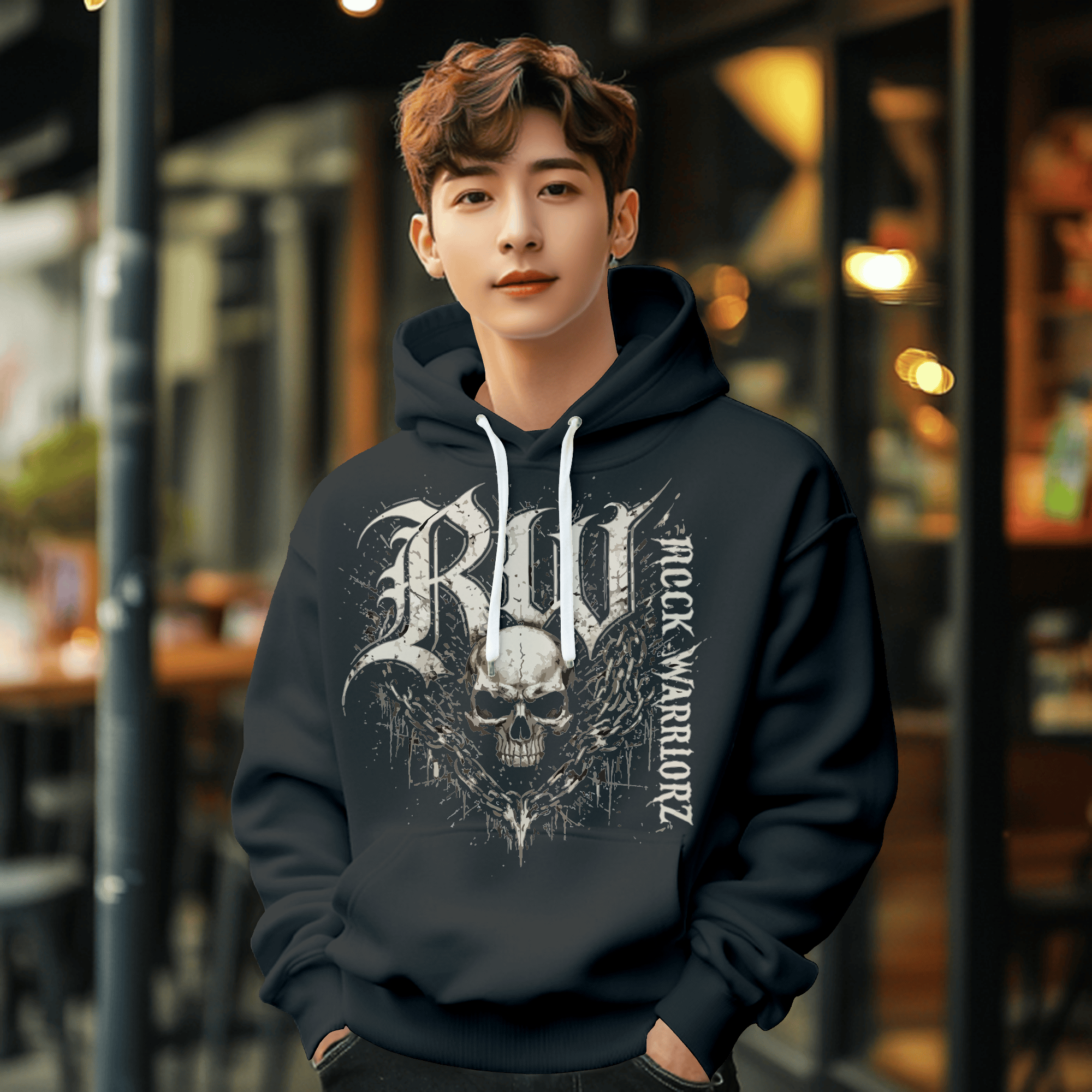 Rock Warriorz Black Hoodie with Black Tie Strings Front Logo