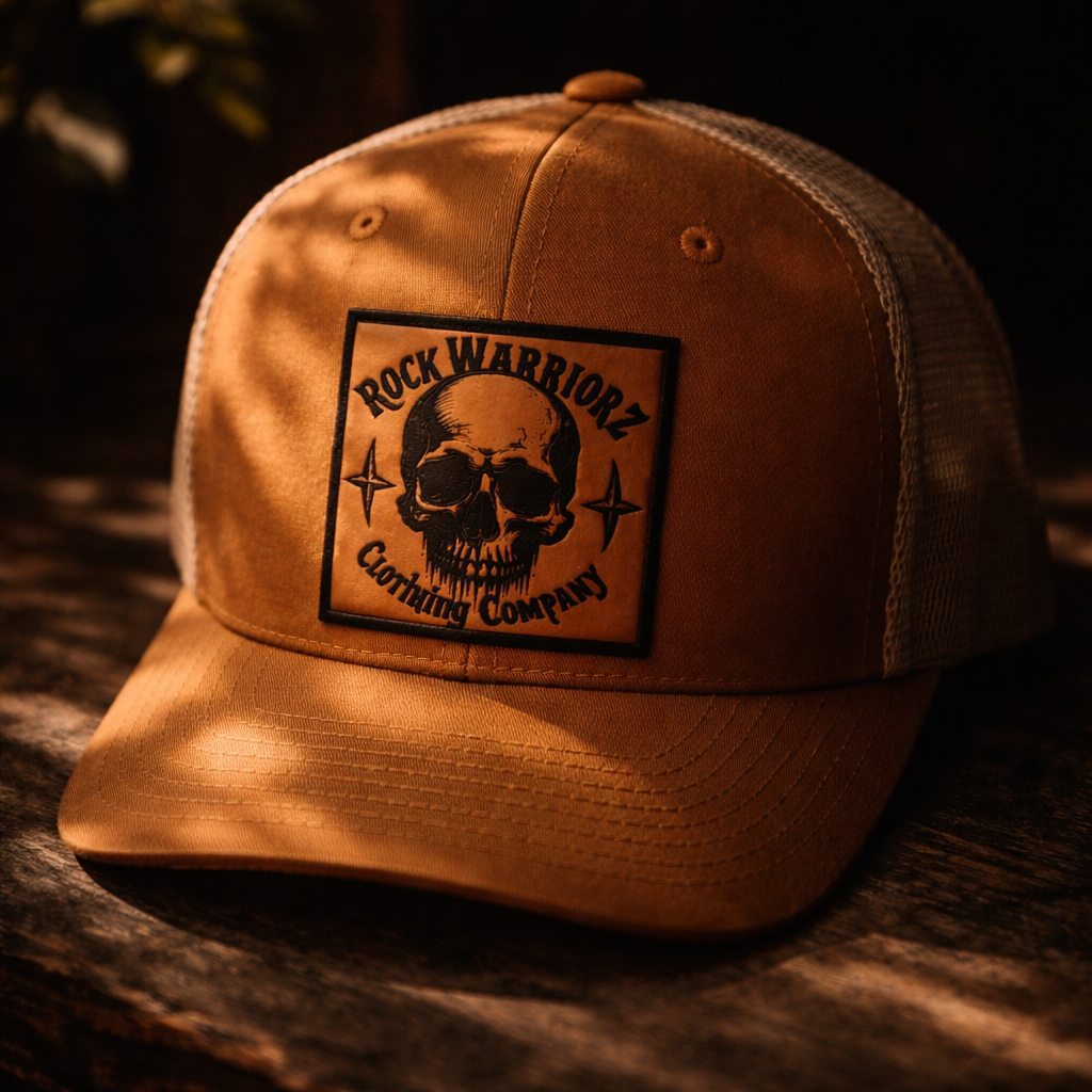 Rock Warriorz Caramel/Khaki Hat with Brown/Black Leather Patch