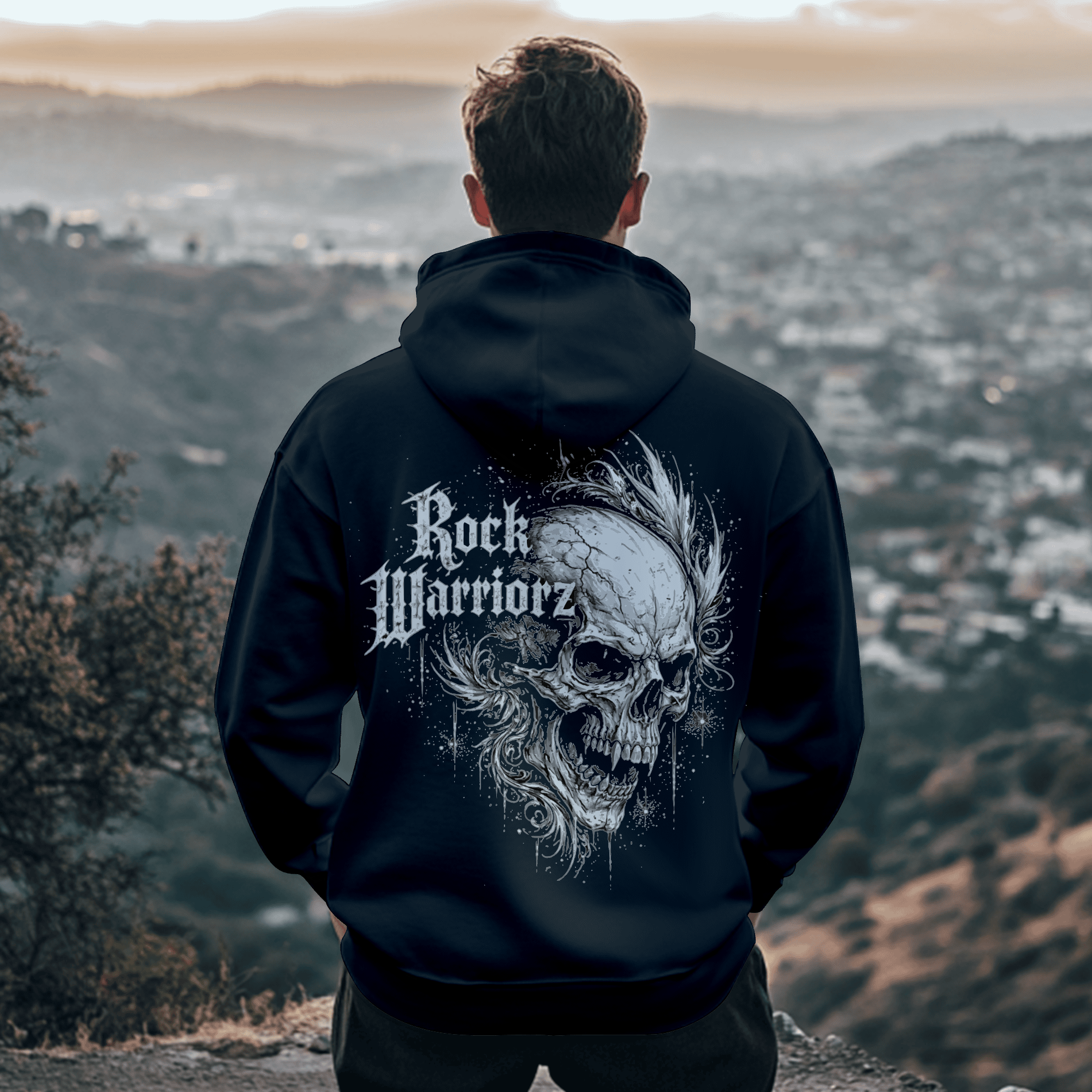 Rock Warriorz Black Hoodie Front and Back Logo