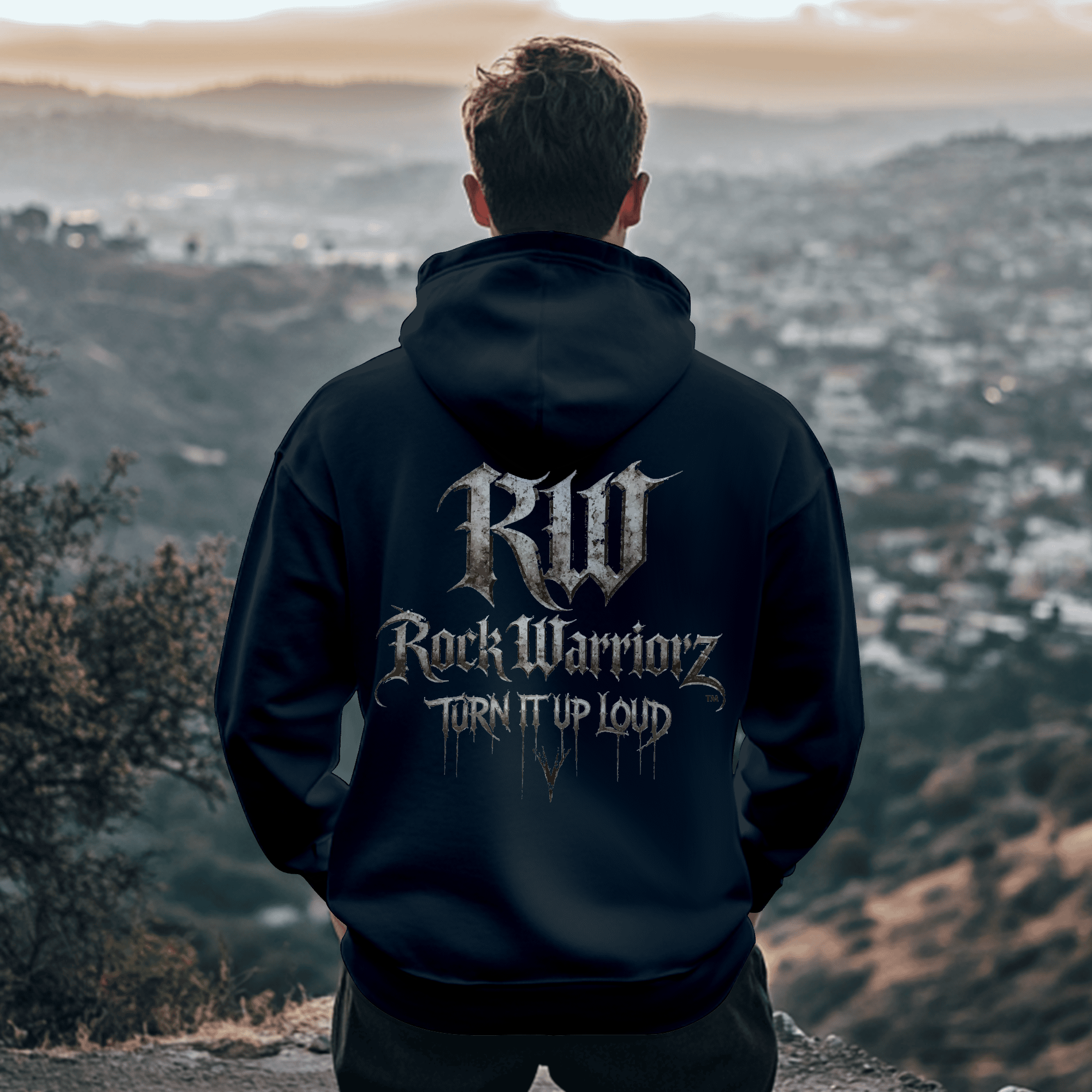 Rock Warriorz Black Hoodie Front and Back Logo