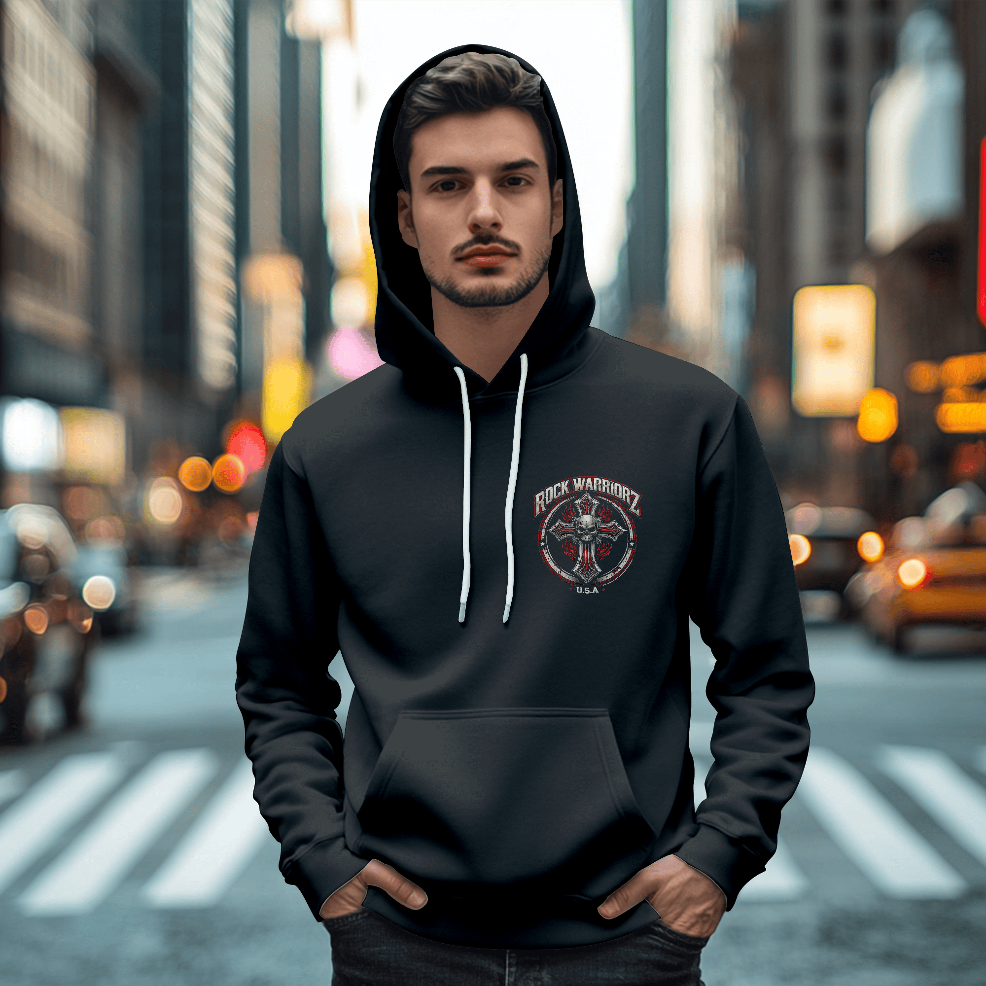 Rock Warriorz Black Hoodie With Black String Ties Left Chest Logo