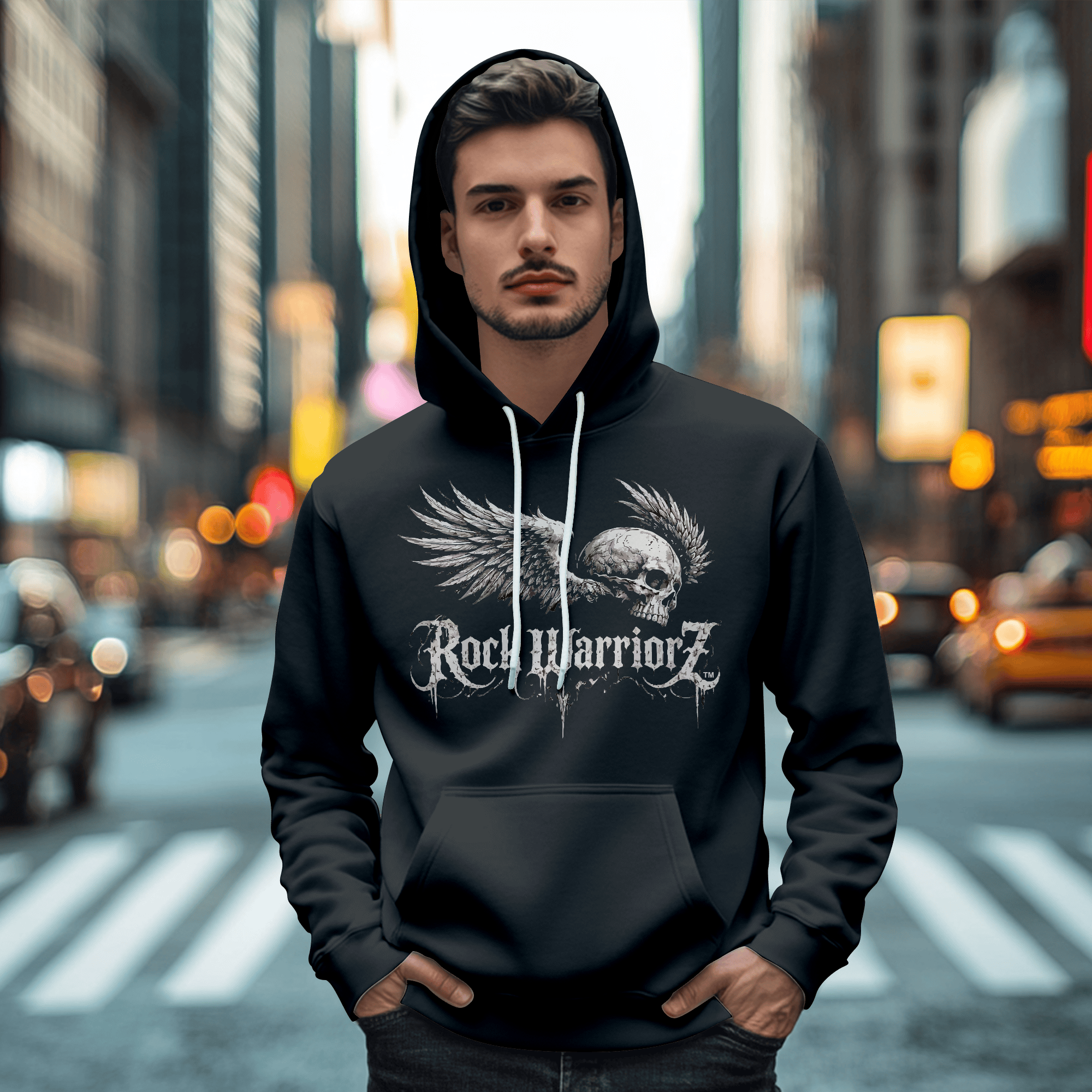 Rock Warriorz Black Hoodie With Black Tie Strings Full Front Logo