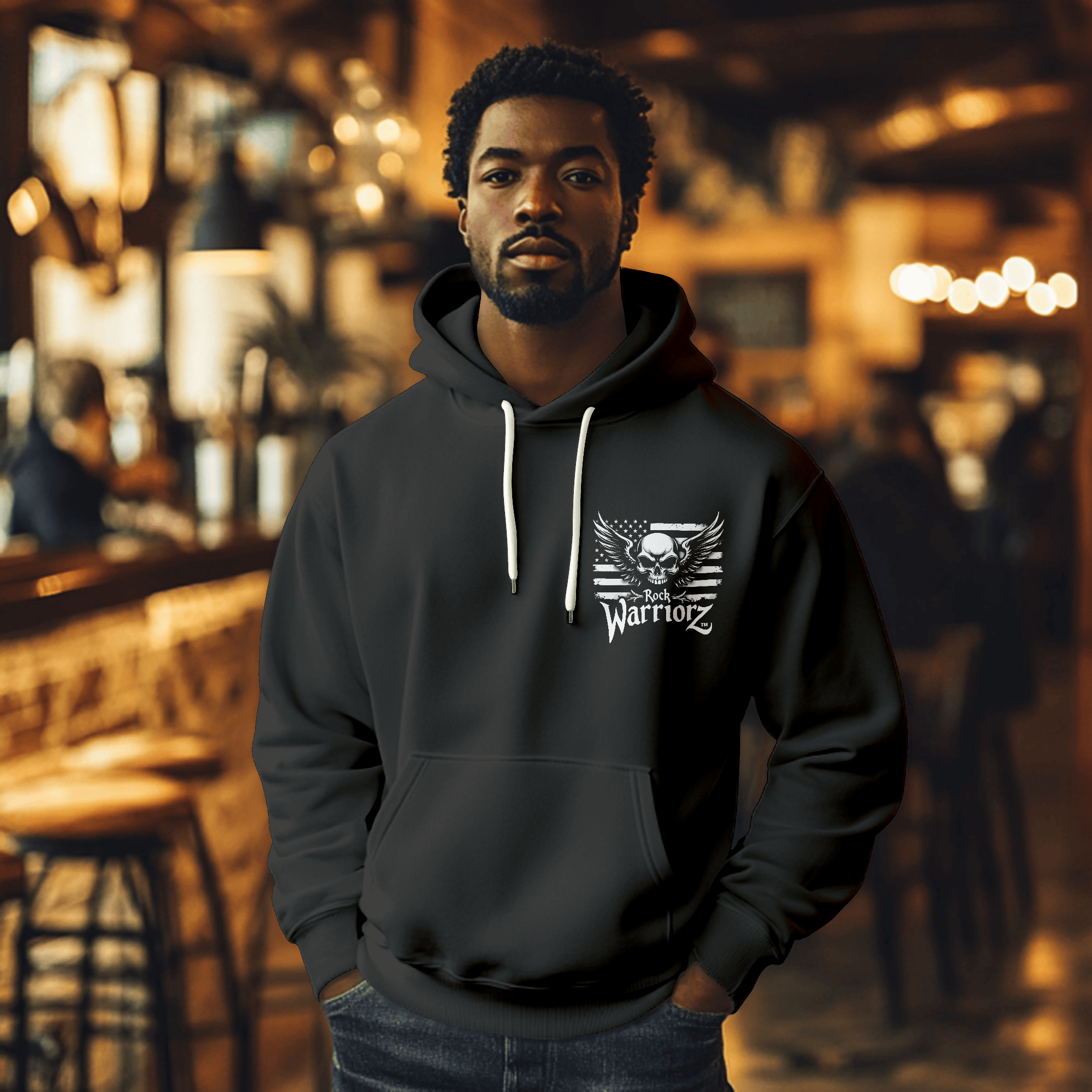 Rock Warriorz Black Hoodie Black String Ties Left Chest Logo