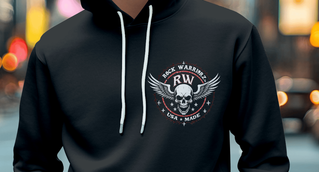 Rock Warriorz Black Hoodie with Black Tie Strings Left Chest Logo