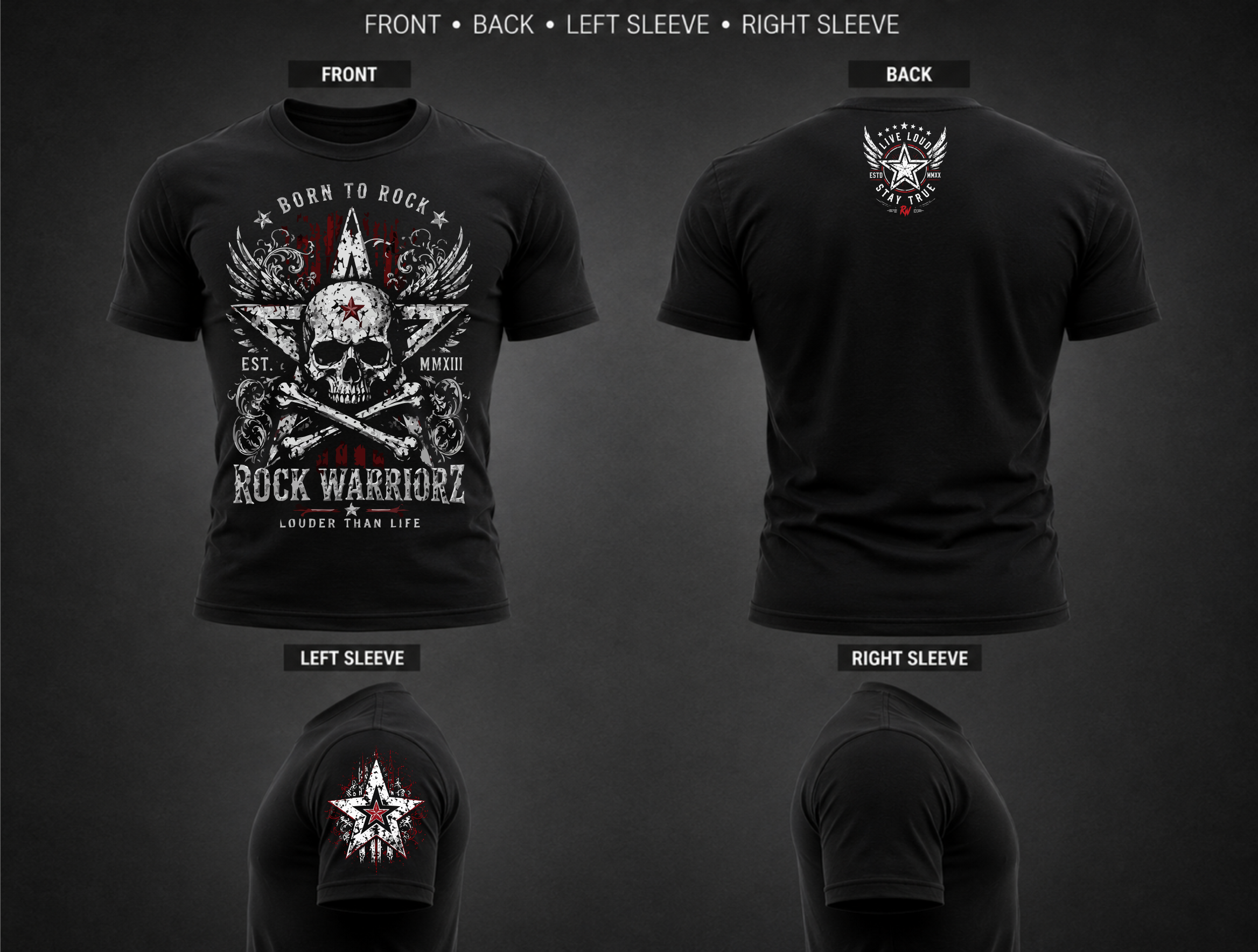 Rock Warriorz Born to Rock Front Back Yoke Left Sleeve Logo