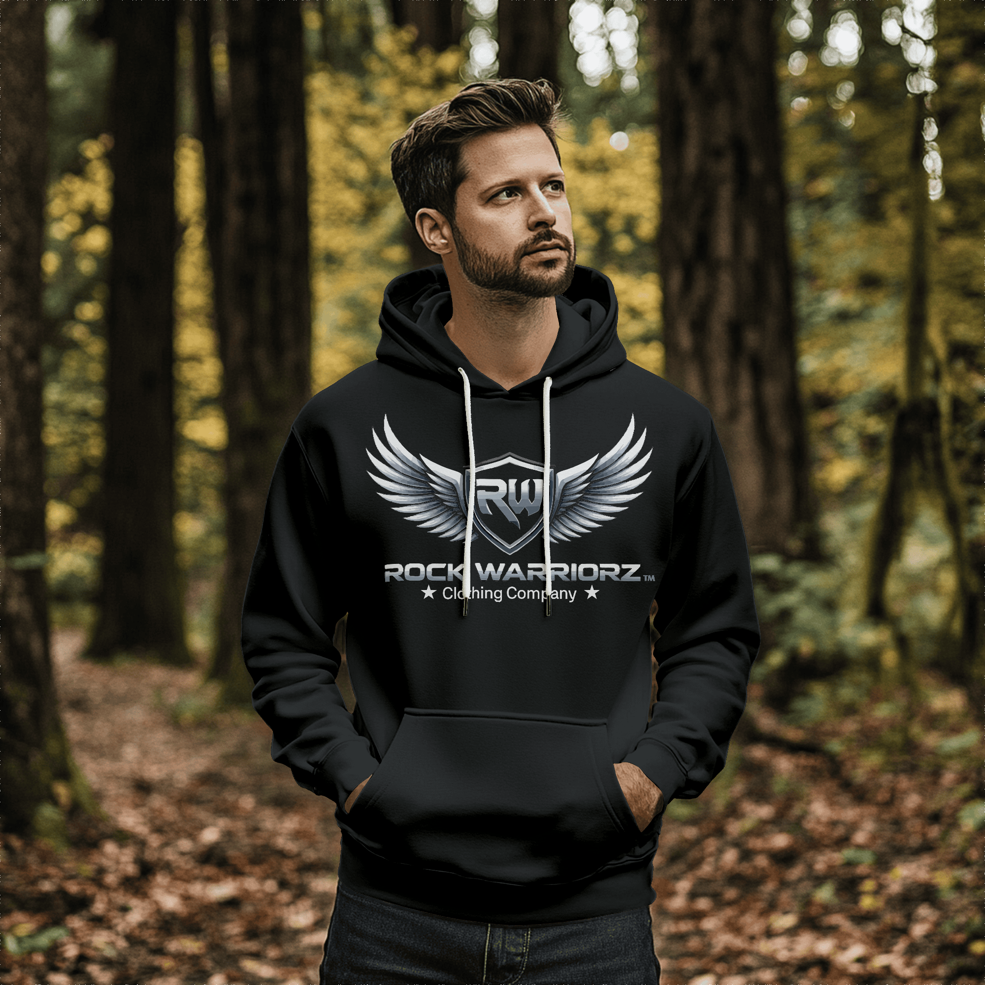 Rock Warriorz Black Hoodie with Black Tie Strings Front Logo