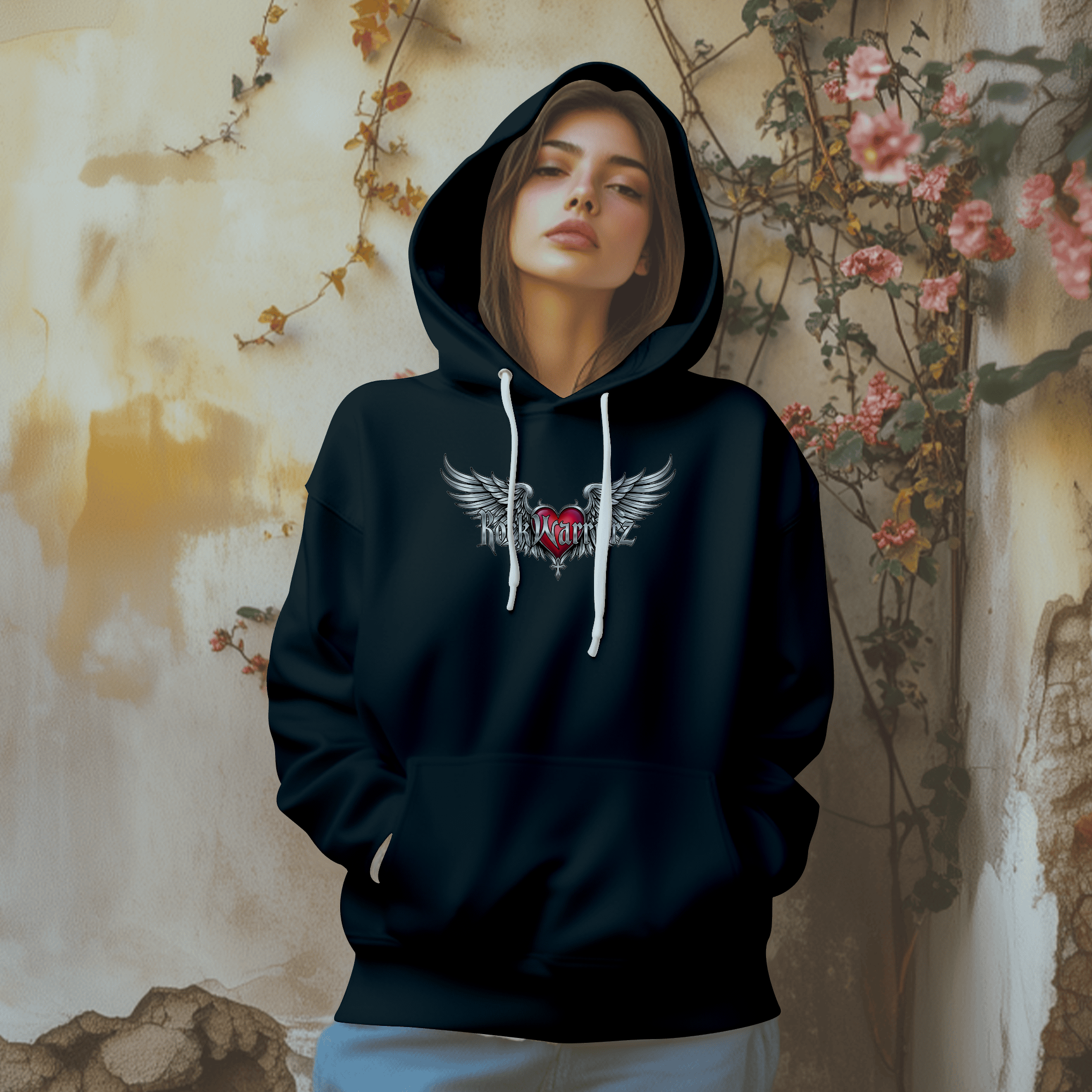 Rock Warriorz Hoodie Unisex Black with Black Tie Strings or White with Front Logo