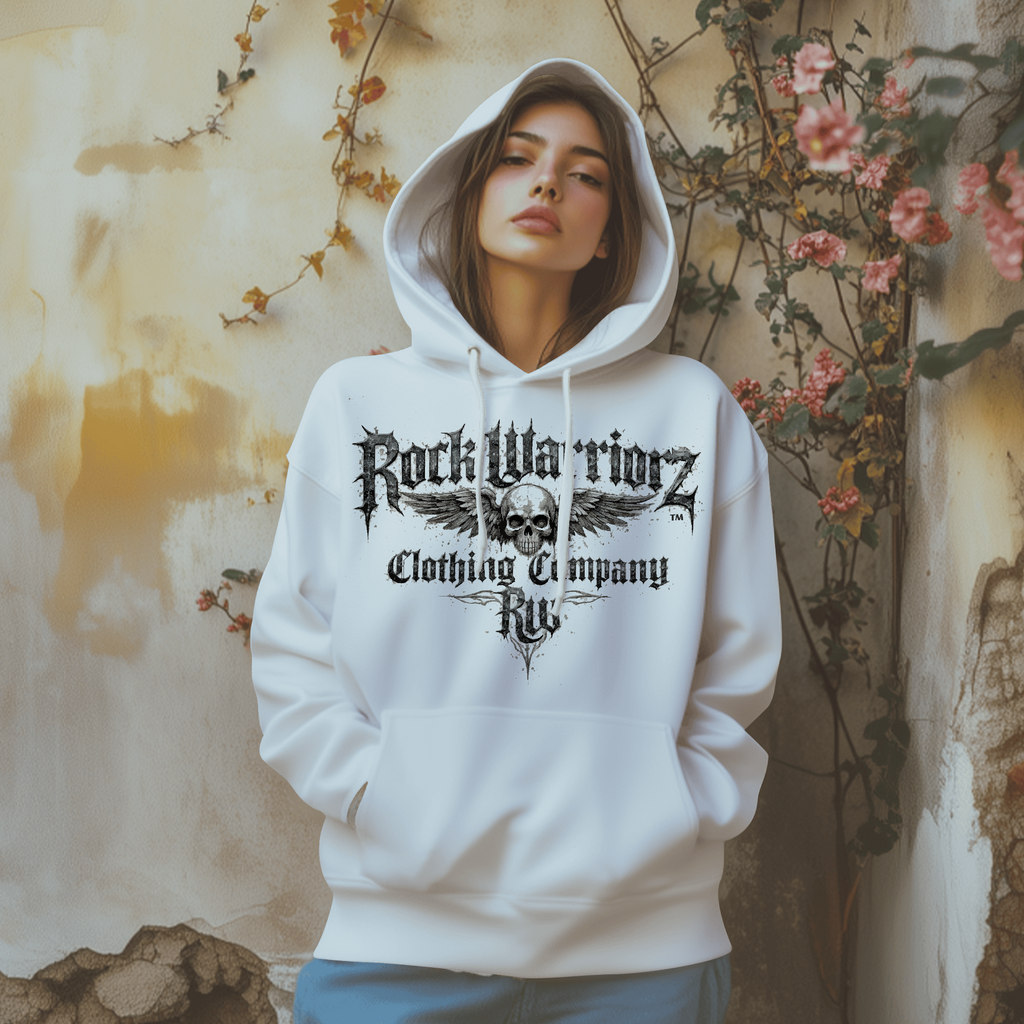 Rock Warriorz Hoodie Unisex Black with Black Tie Strings or White with Front Logo