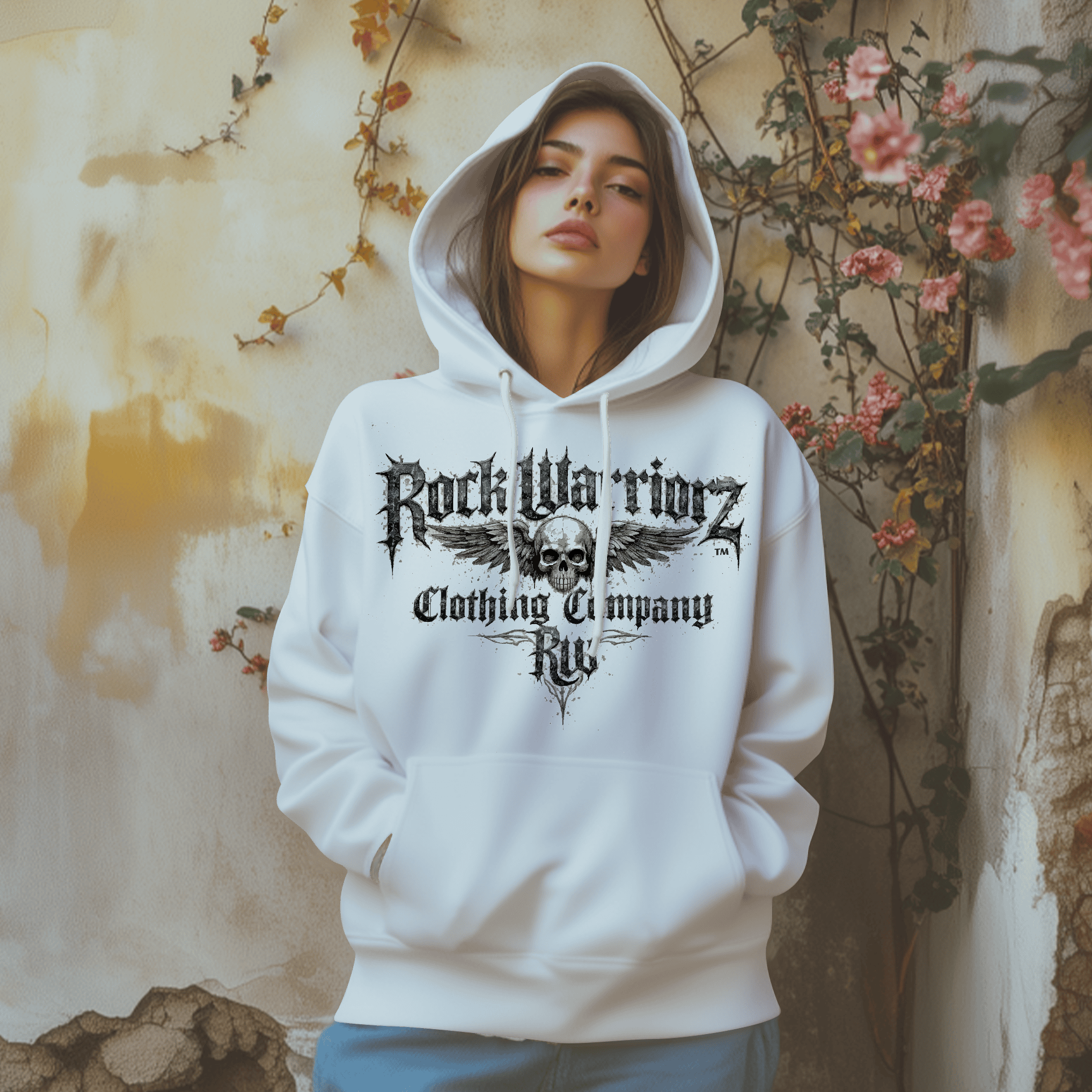 Rock Warriorz Hoodie Unisex Black with Black Tie Strings or White with Front Logo