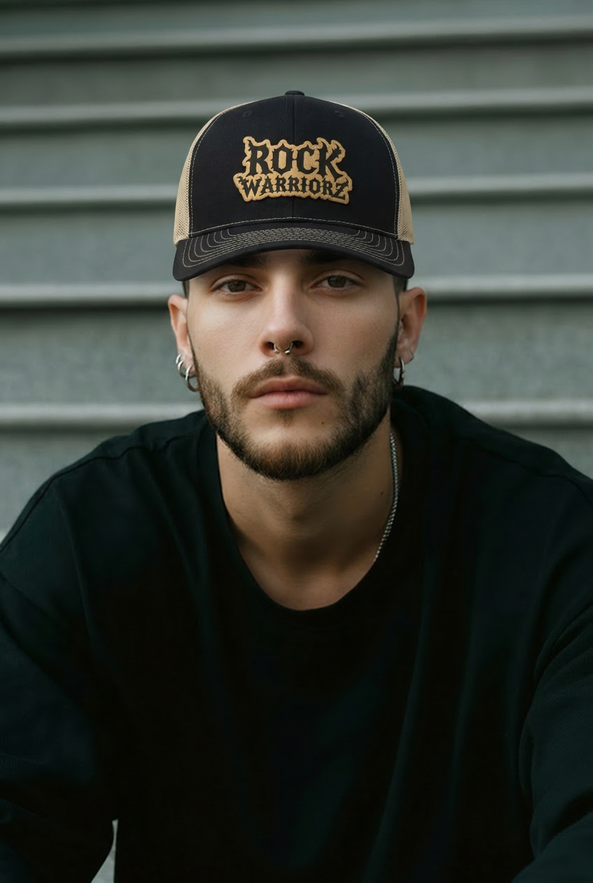 Rock Warriorz Black/ Vegas Gold Hat with Gold/Black Leather Patch