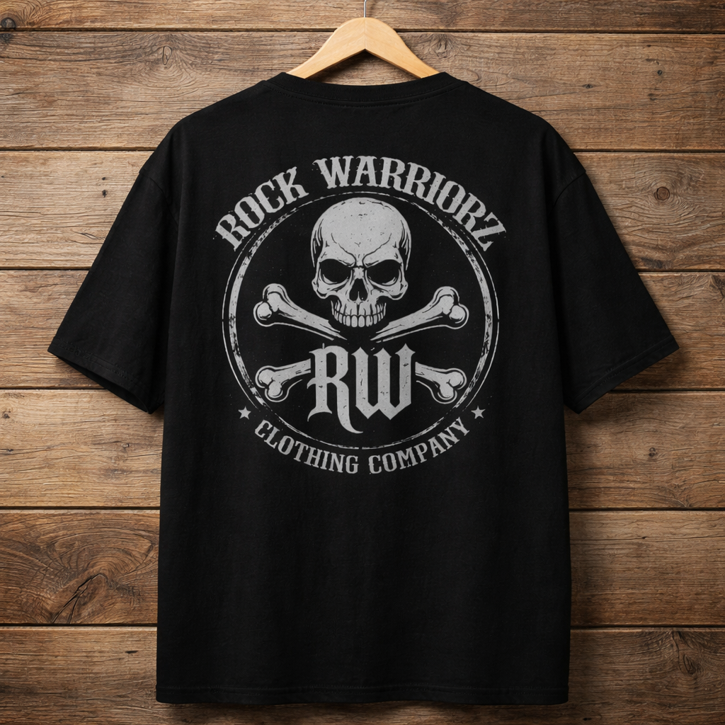 Rock Warriorz Black Tshirt Front Back and sleeve logo