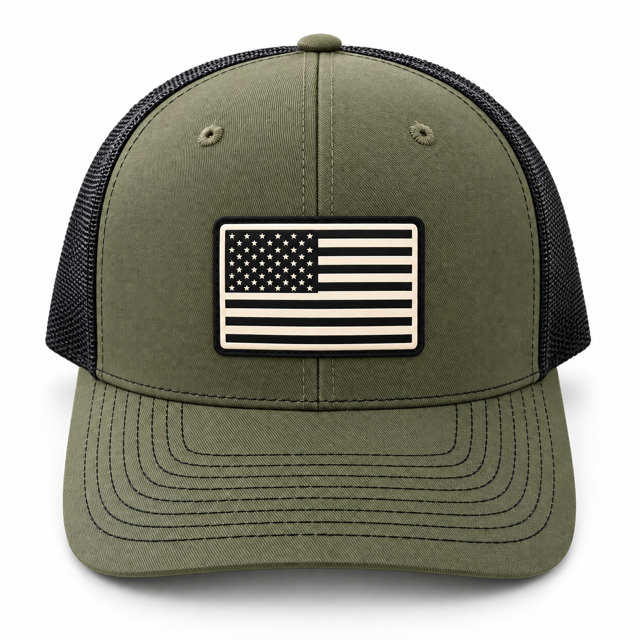 Rock Warriorz American Flag Patch Olive Green/Black Six Panel Trucker Hat